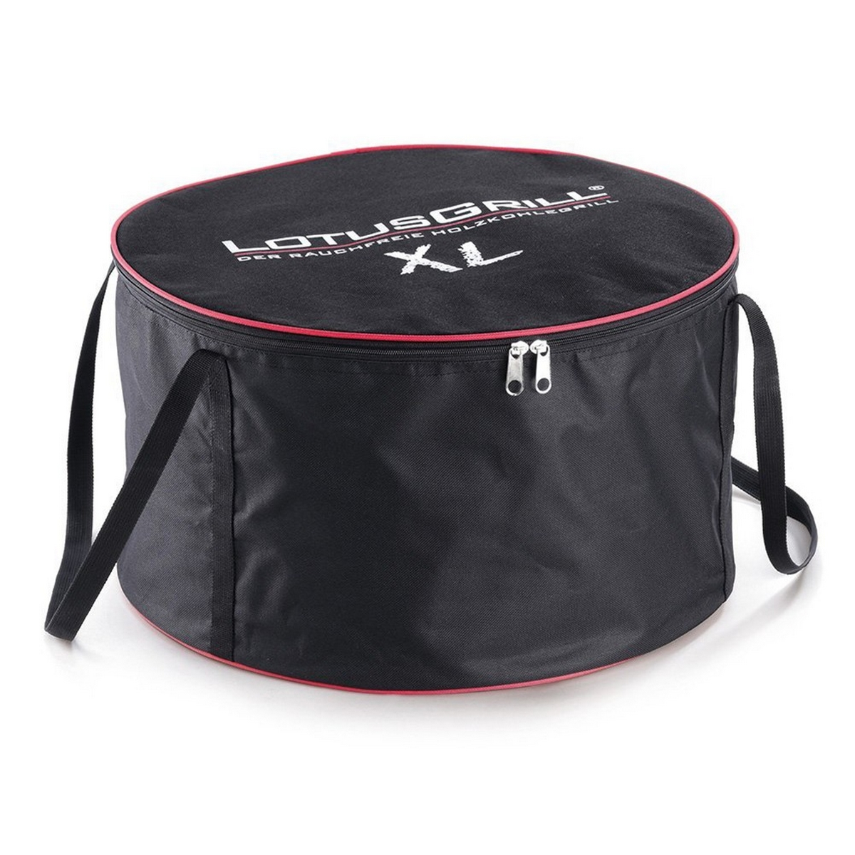 Czarna torba transportowa na grilla. Torba jest cylindryczna i ma czerwone wykończenie.