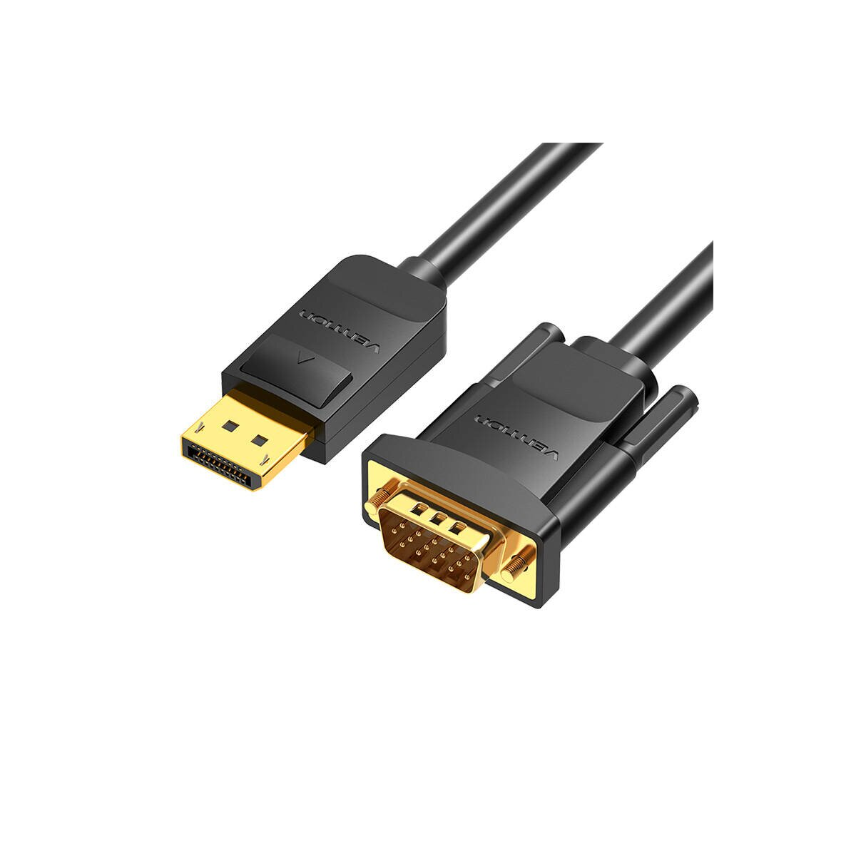 Zwarte kabel met DisplayPort- en VGA-connectoren. DisplayPort is goudkleurig.