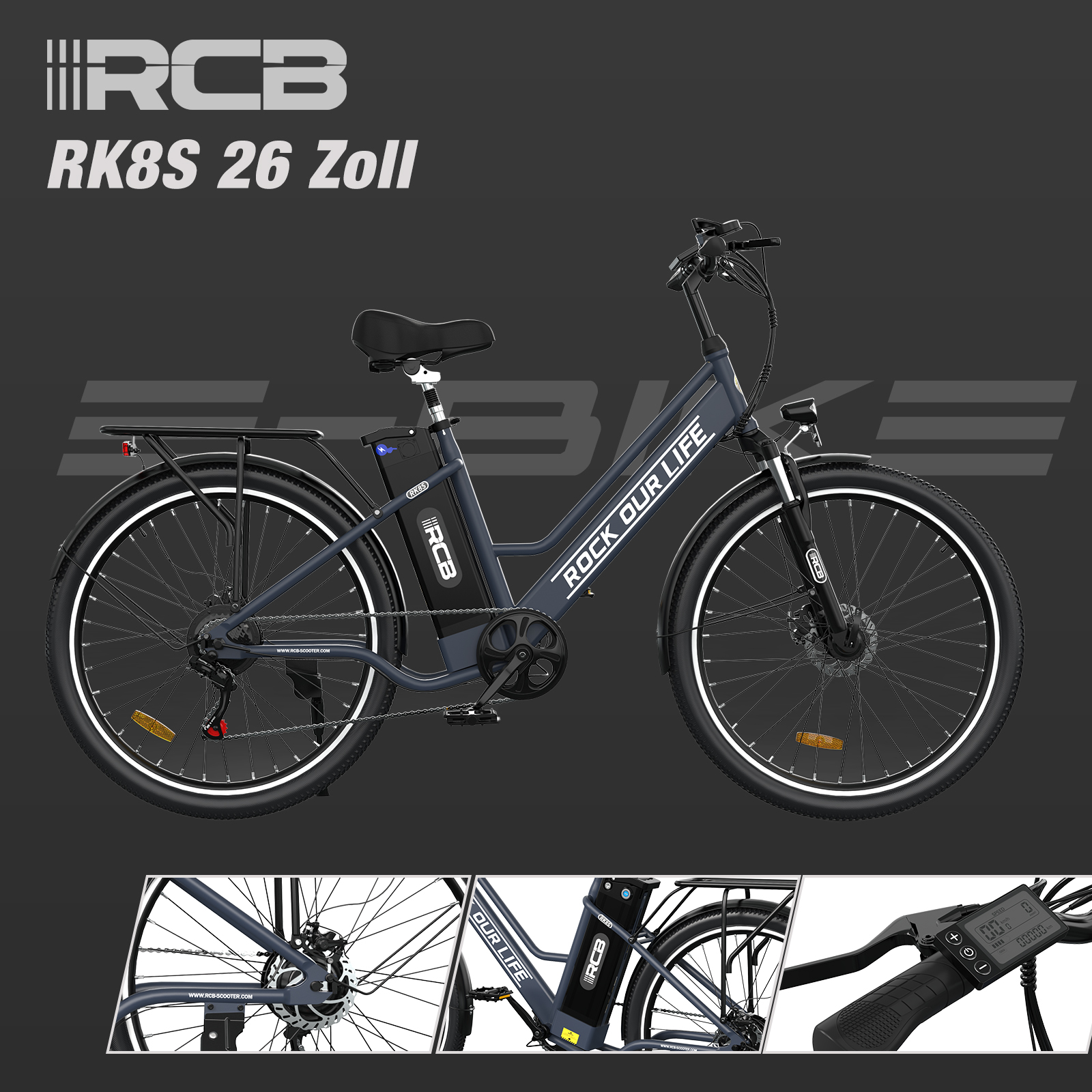 Elektrische fiets met blauw frame, zwarte banden en witte velgen. De fiets heeft zwarte accessoires en een batterij.