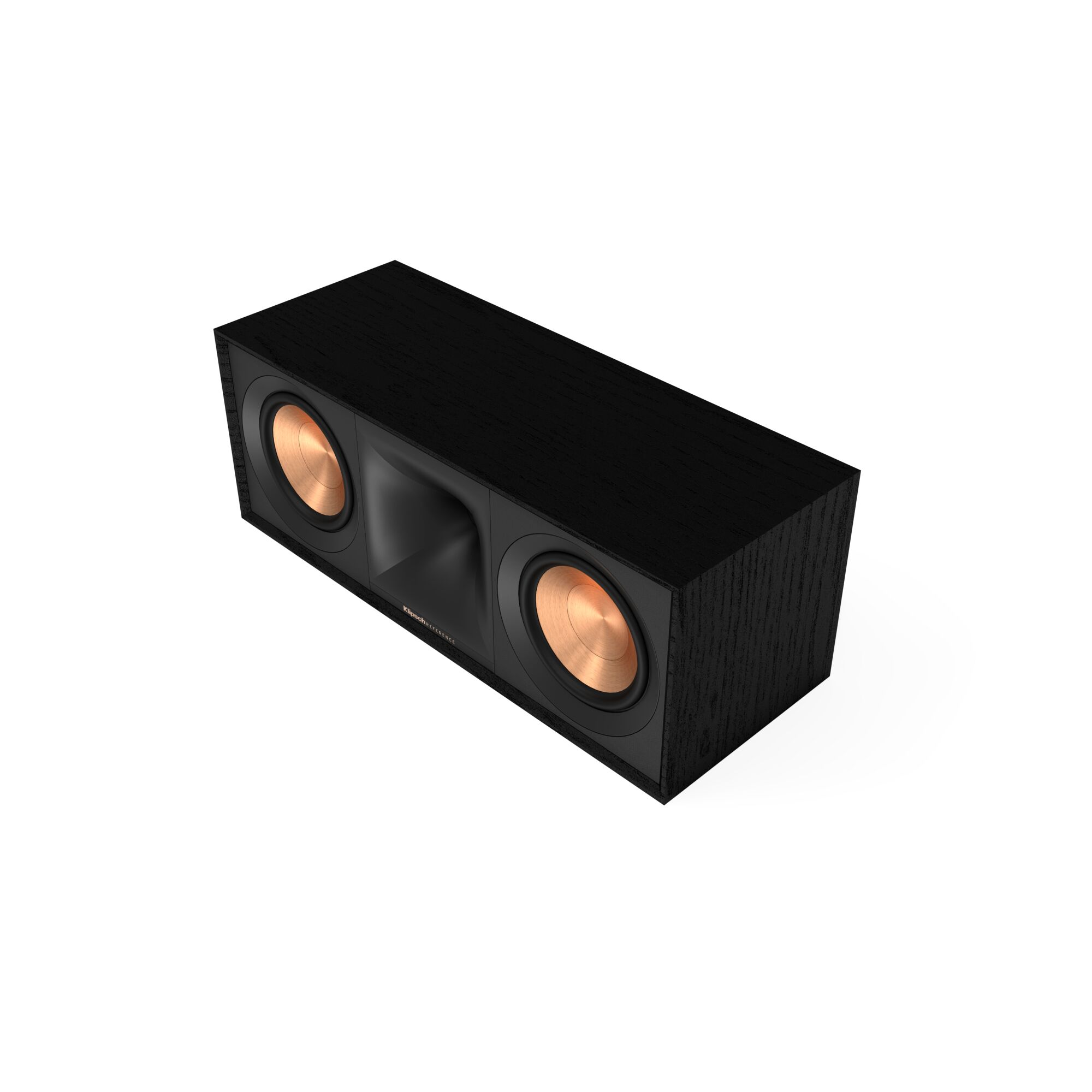 Eine schwarze Soundbar mit zwei kupferfarbenen Lautsprechern und Klipsch-Logo.