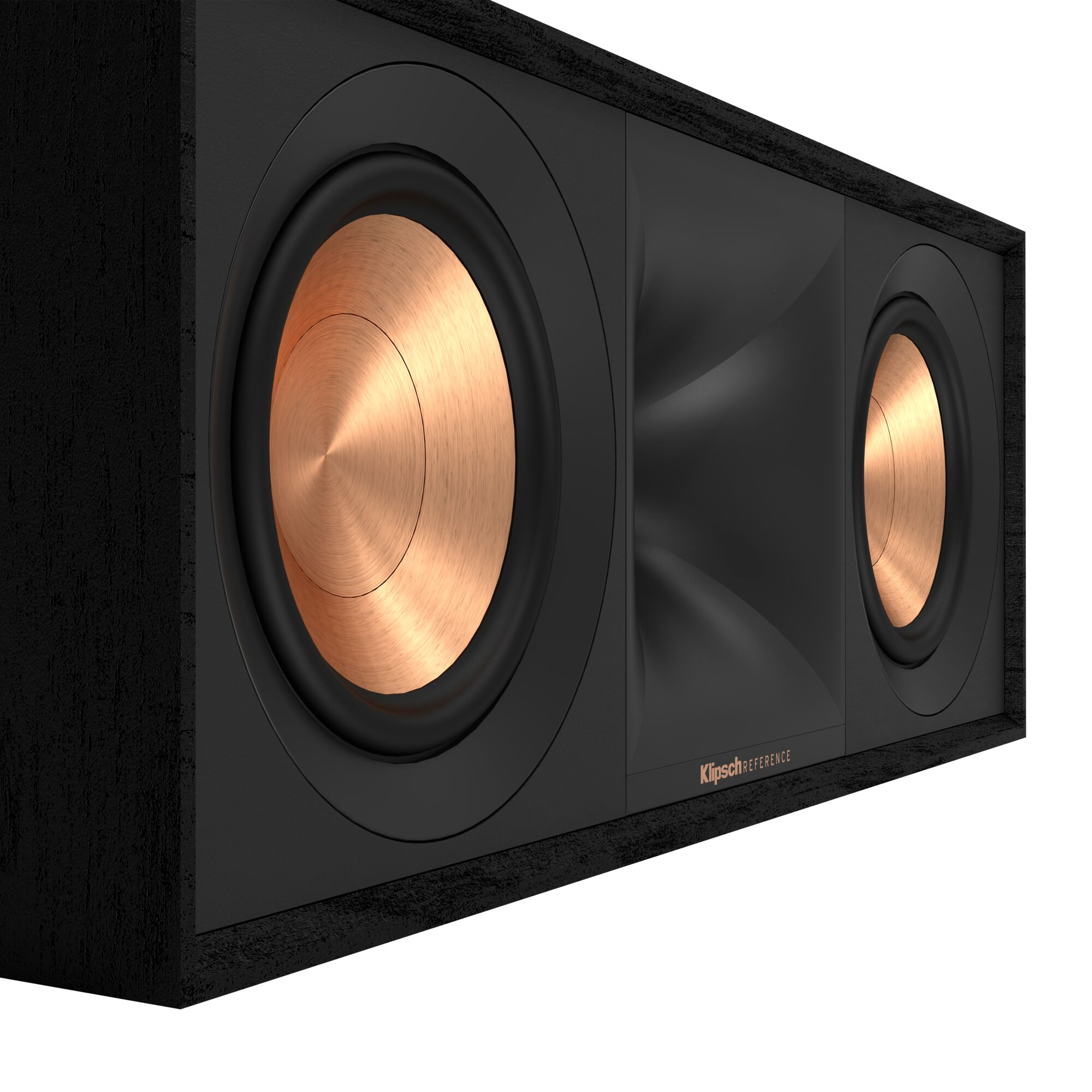 Schwarzer Soundbar-Lautsprecher mit kupferfarbenen Lautsprechern. Der Lautsprecher ist schwarz mit kupferfarbenen Lautsprechern.