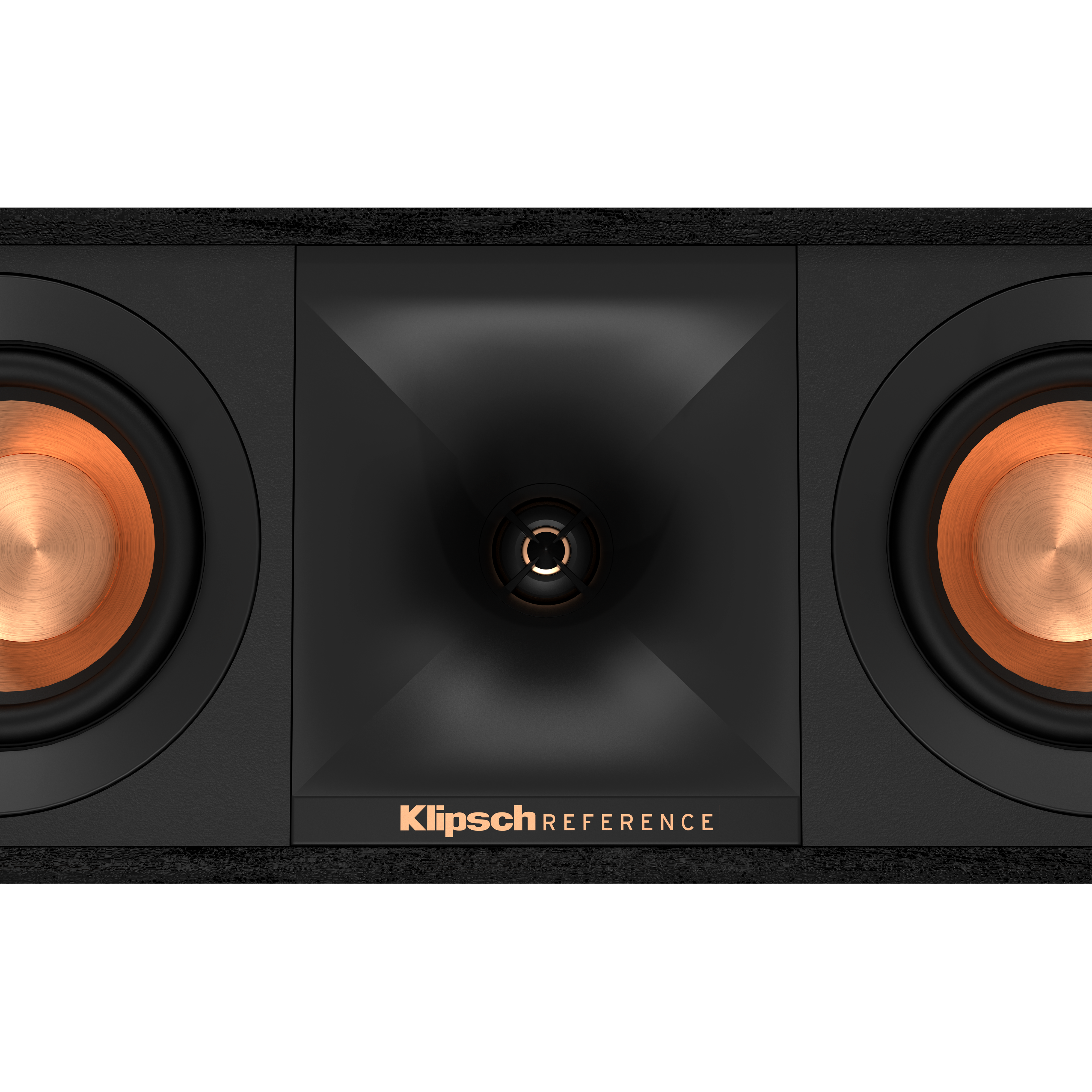 Klipsch logolu siyah soundbar. Ortada bakır renkli koni.