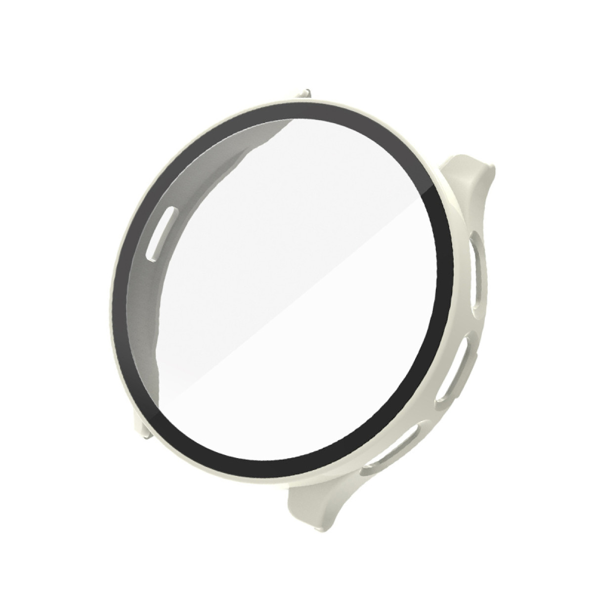 Weißes Uhrengehäuse mit schwarzem Rand und transparentem Glas.