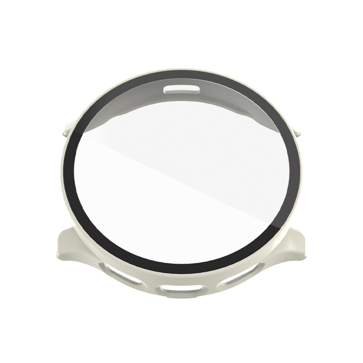 Weißer Smartwatch-Bildschirmschutz mit schwarzem Rand auf weißem Hintergrund.