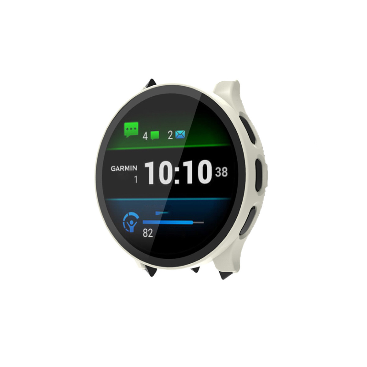 Garmin Smartwatch mit weißem Rahmen. Zeigt Zeit und Gesundheitsdaten an.