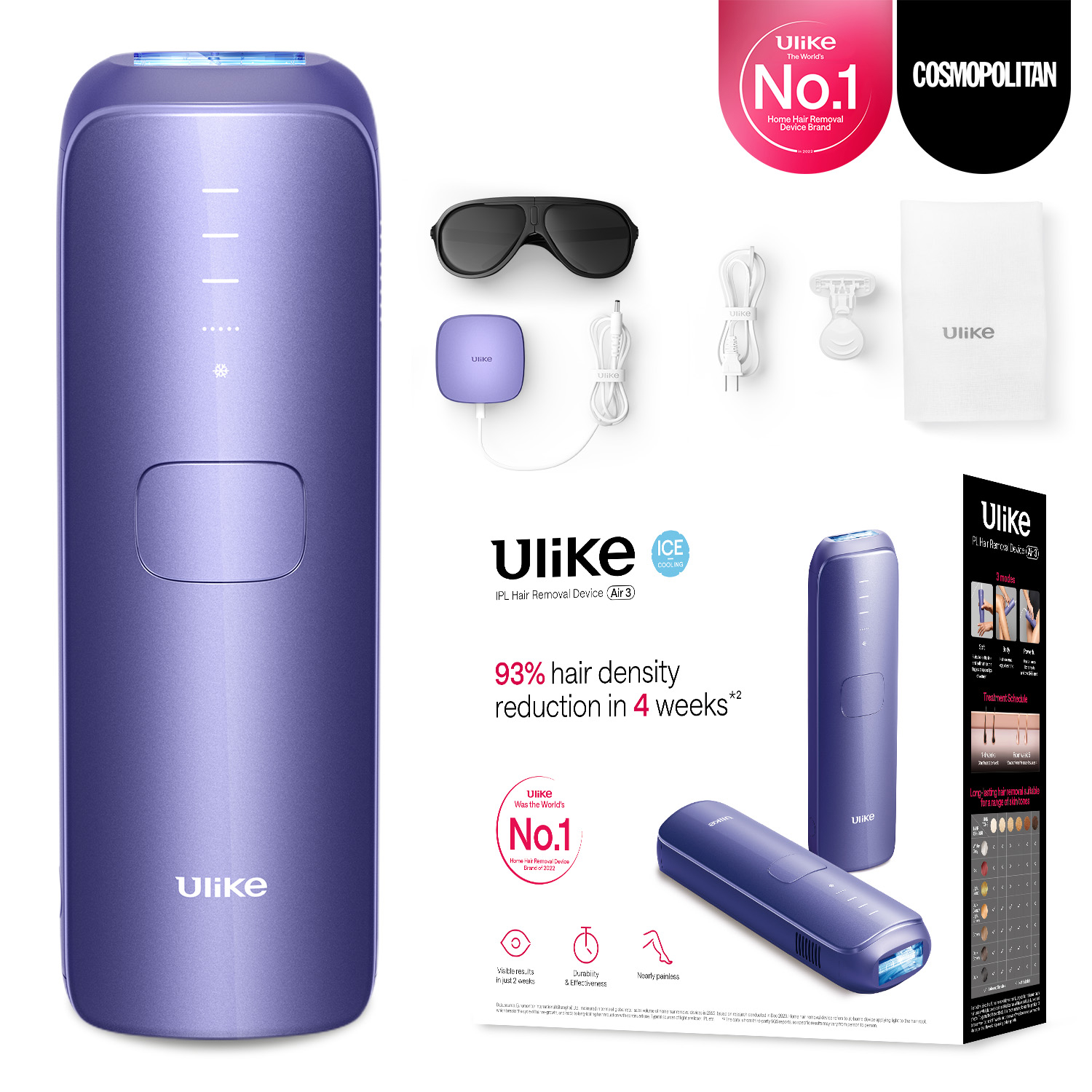 Paarse Ulike IPL ontharingsapparaat met accessoires en promotiemateriaal.