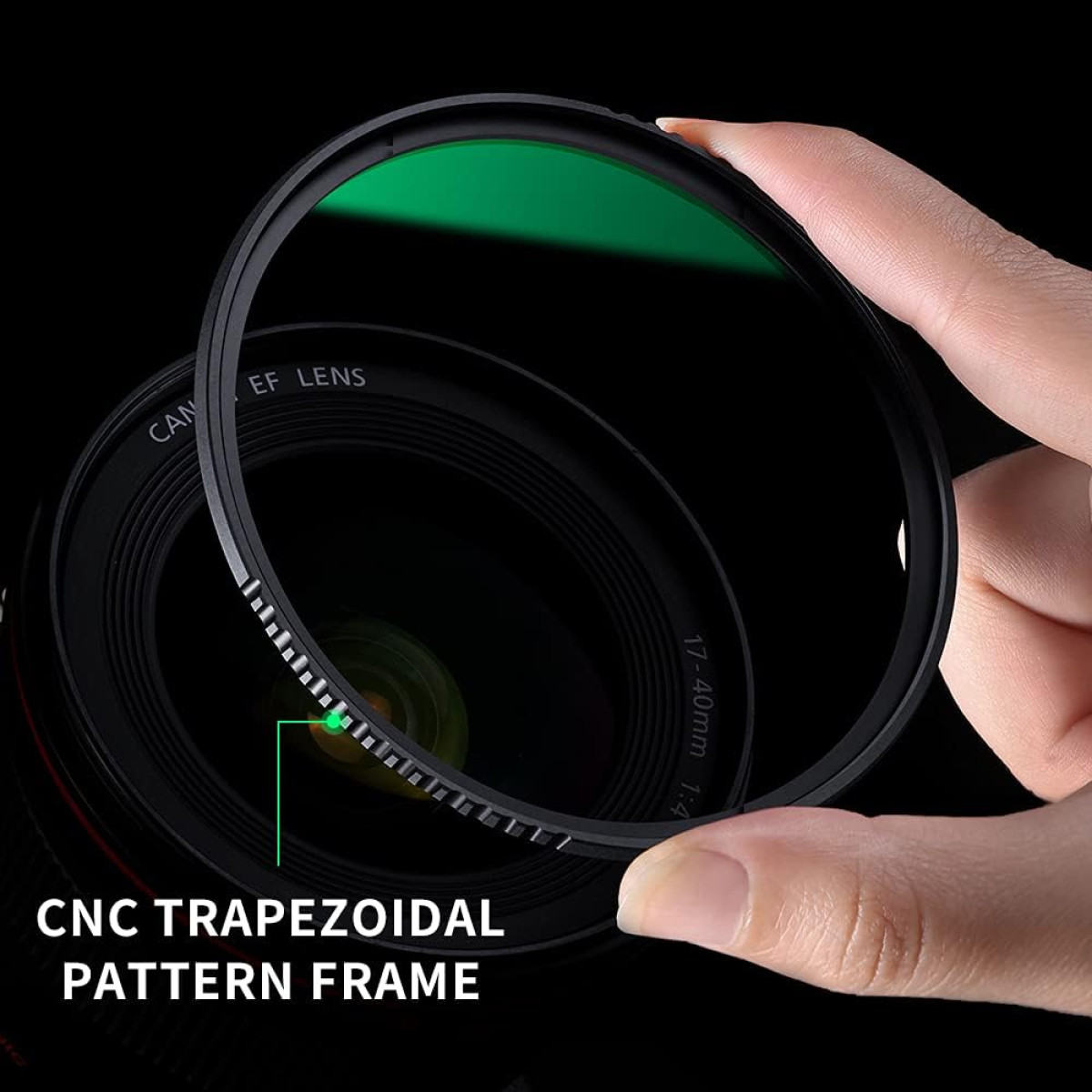 Camera lens and filter. Green filter. The lens has a text: EF lens.