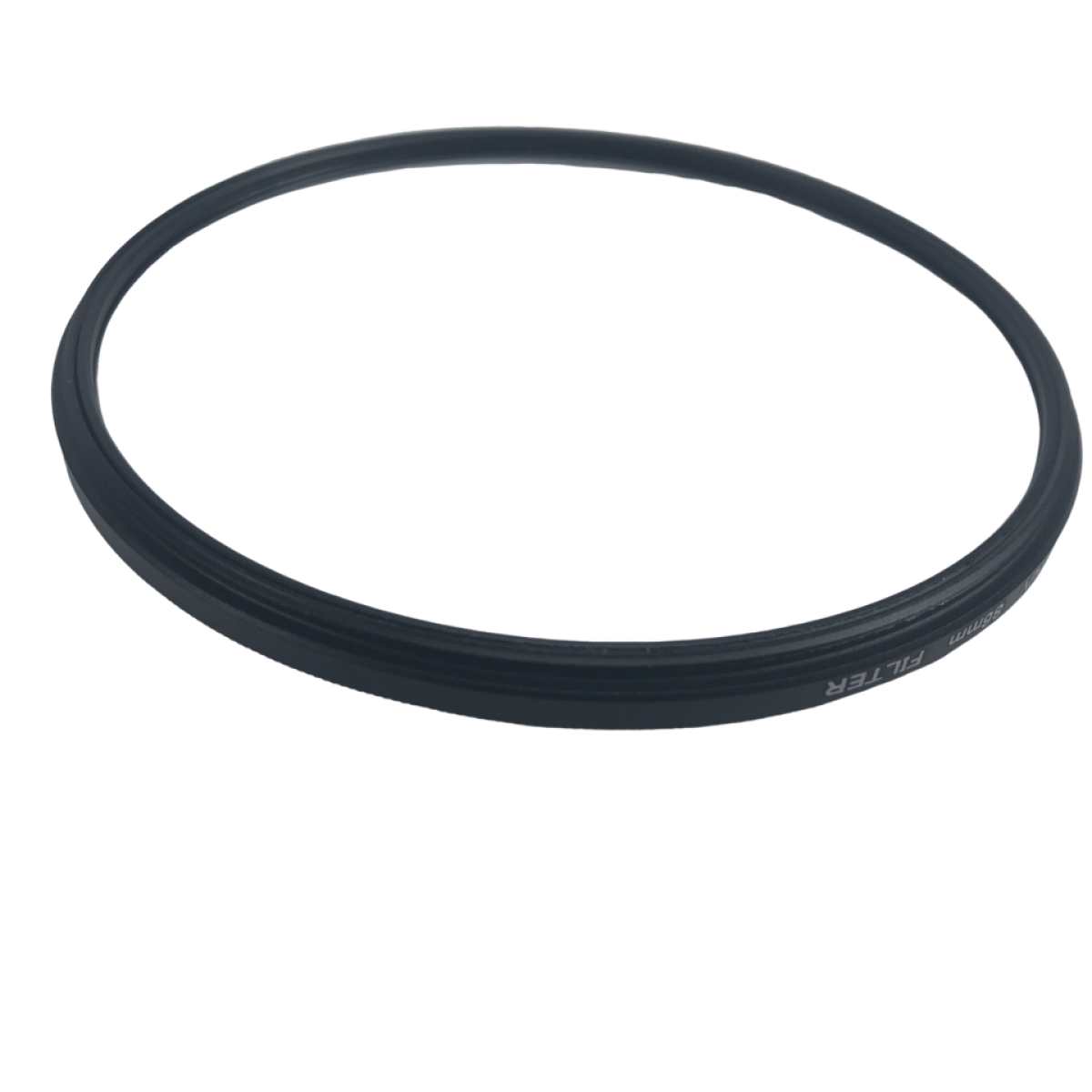 Black camera lens filter. Circular shape, black. Shows brand details. Black background.