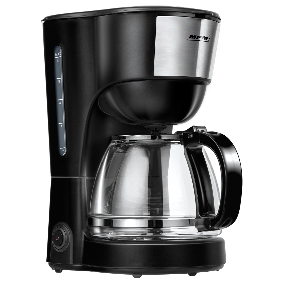 Czarny ekspres do kawy ze szklaną karafką. Uchwyt jest czarny, a pokrywa srebrna.