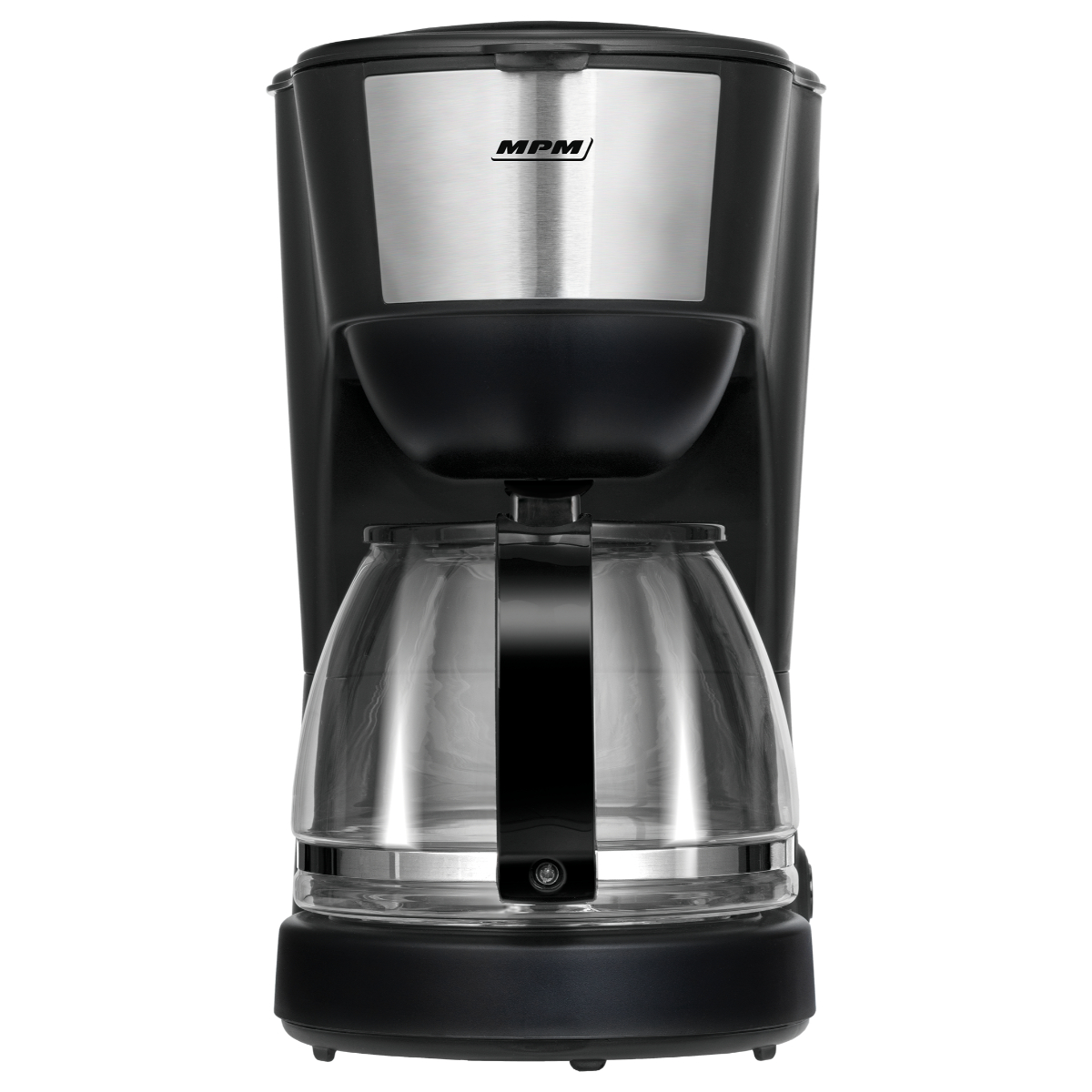 Czarny ekspres do kawy z blatem ze stali nierdzewnej i szklanym dzbankiem.