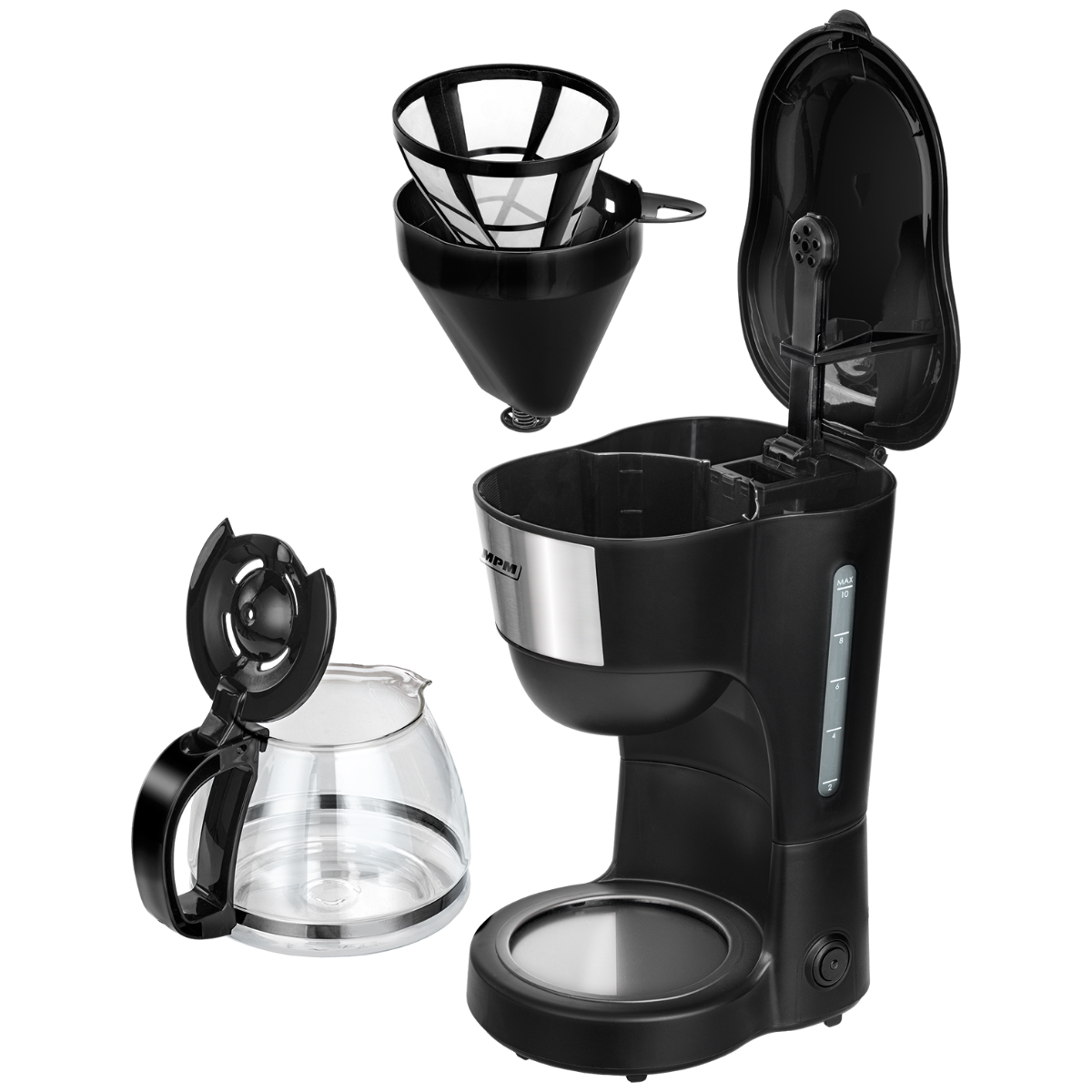 Czarny ekspres do kawy z filtrem, karafką i komponentami na białym tle.