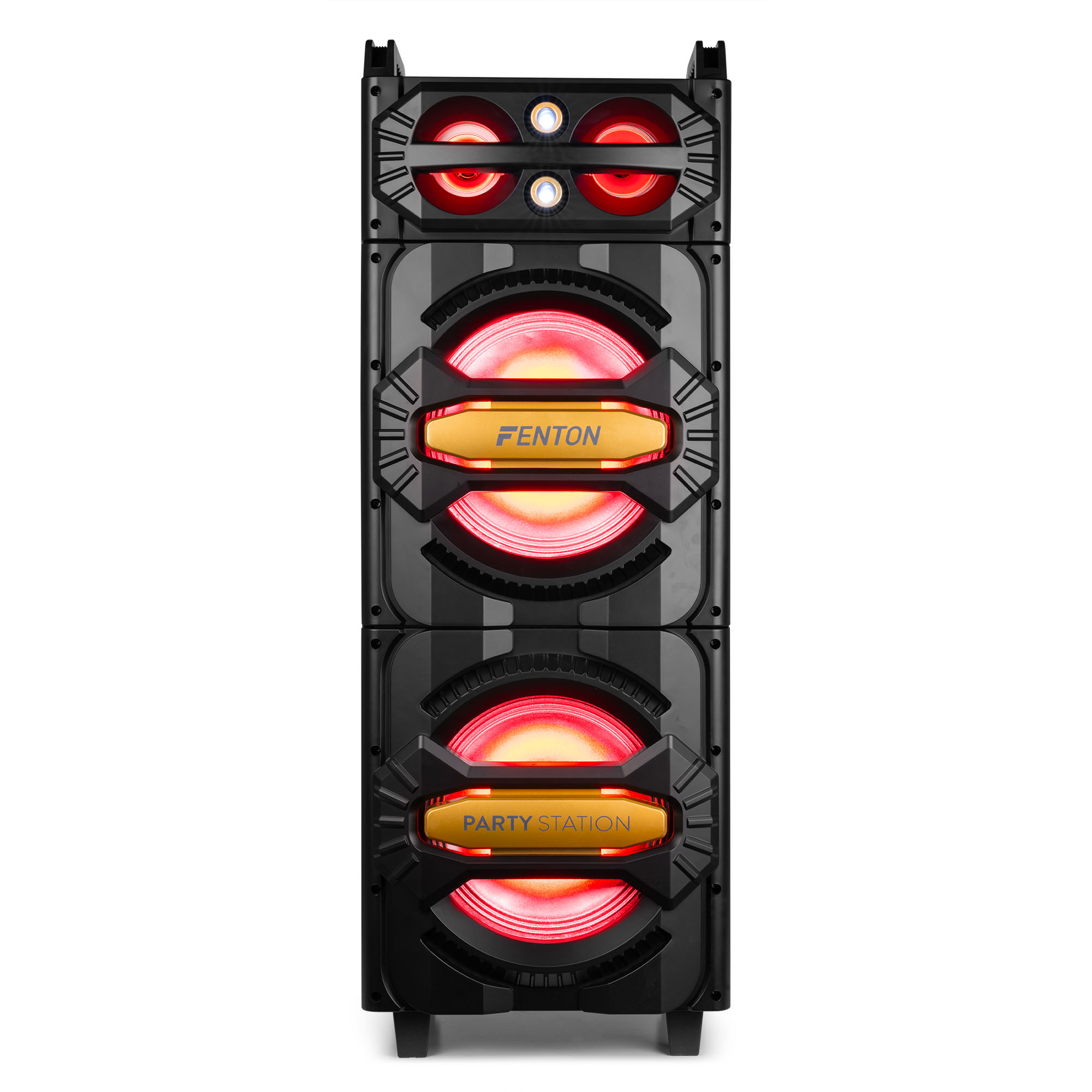 Zwarte party station-luidspreker met rode lichten, met de FENTON- en PARTY STATION-logo's.