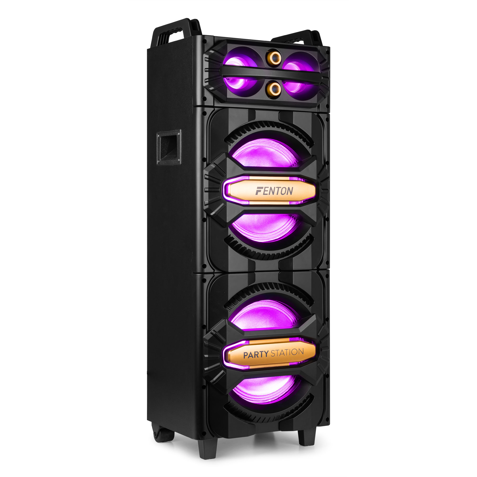 Zwarte speakertoren met paarse lichten. Met FENTON en PARTY STATION labels.