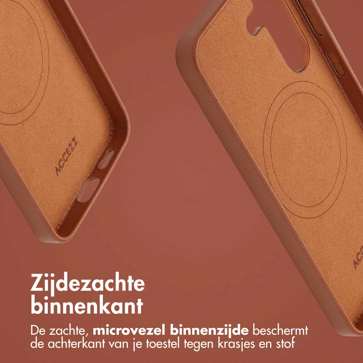 Close-up van de binnenkant van een bruine telefoonhoes. Toont een magnetische cirkel en zachte voering.
