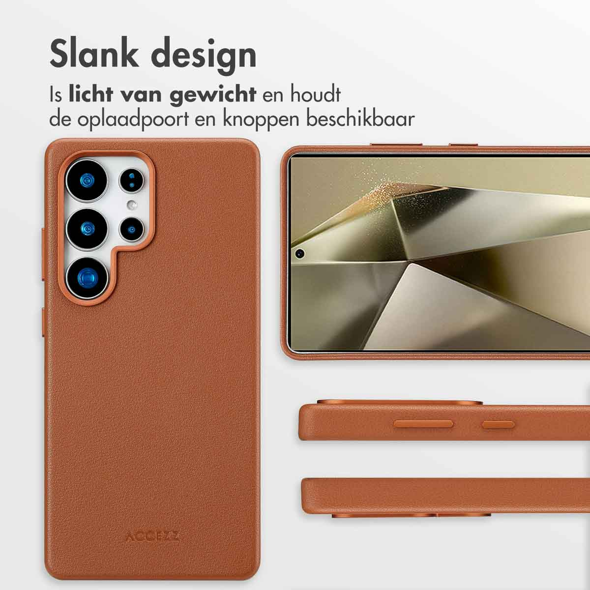 Bruine leren telefoonhoes met camera en knopdetails. Telefoonscherm zichtbaar.