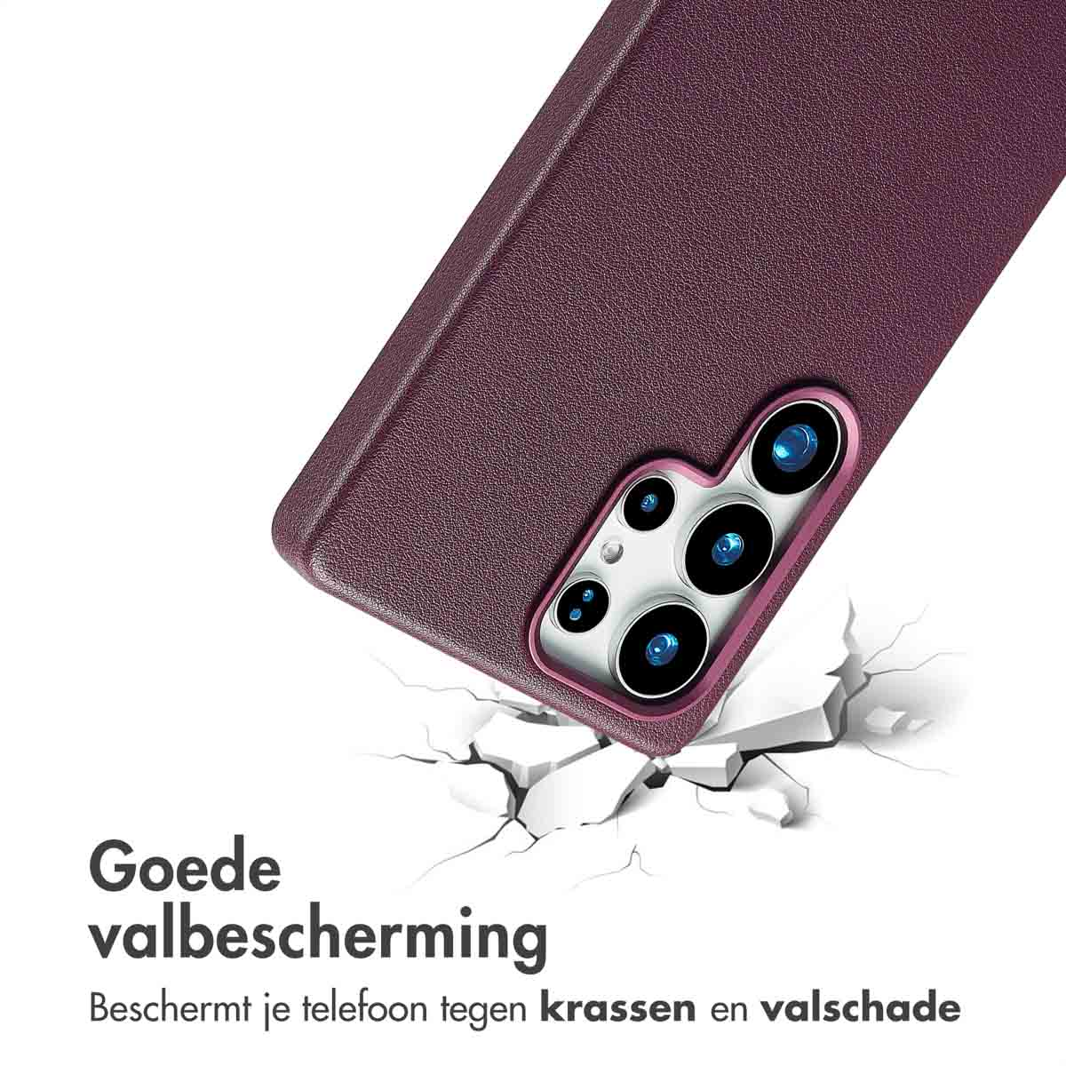 Een paarse telefoonhoes met goede valbescherming, rustend op een wit oppervlak.