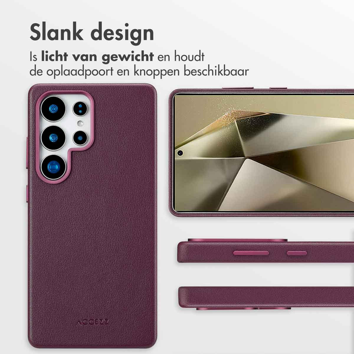 Een paarse telefoonhoes met een telefoon erin. De hoes heeft een bordeauxrode kleur en een roze rand. De bovenkant is zichtbaar.
