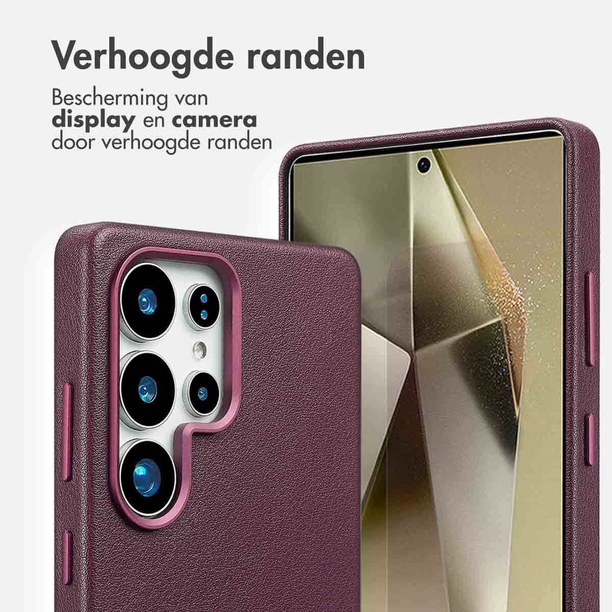 Close-up van een paarse telefoonhoes met verhoogde rand. Een telefoonscherm is zichtbaar.
