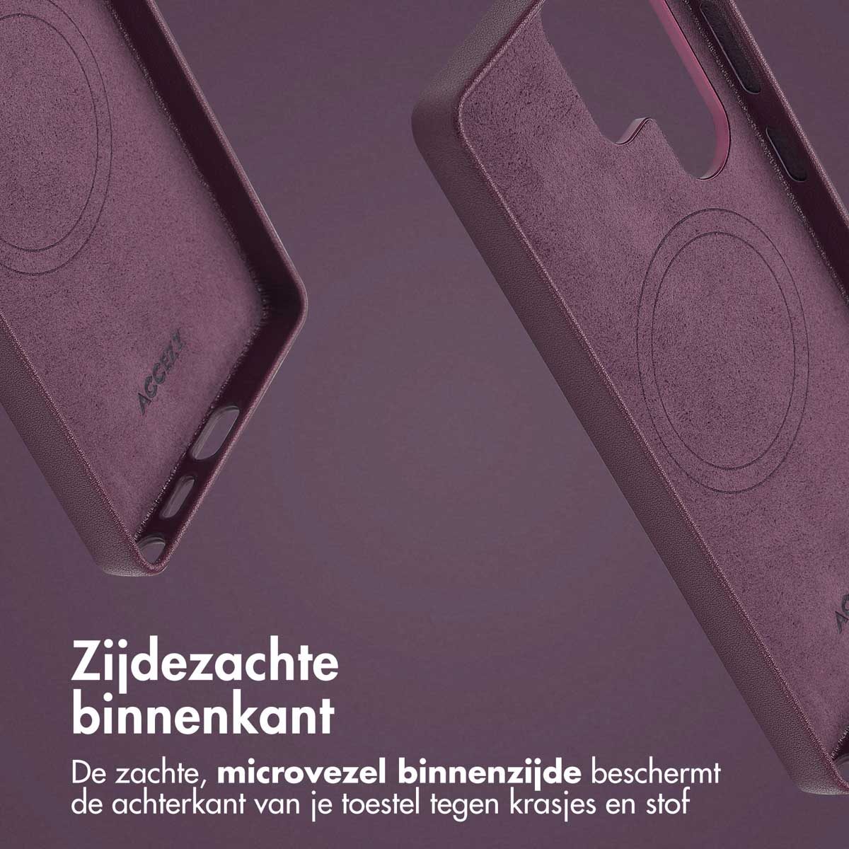 Close-up van de binnenkant van een paarse telefoonhoes. Toont een magnetische cirkel en zachte voering.