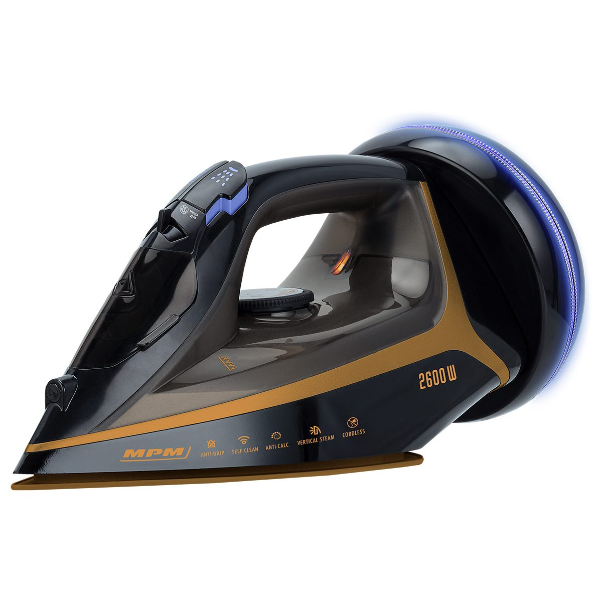 Czarne i złote żelazko. Tekst: 2600W, anti-drip, self-clean, bezprzewodowe.