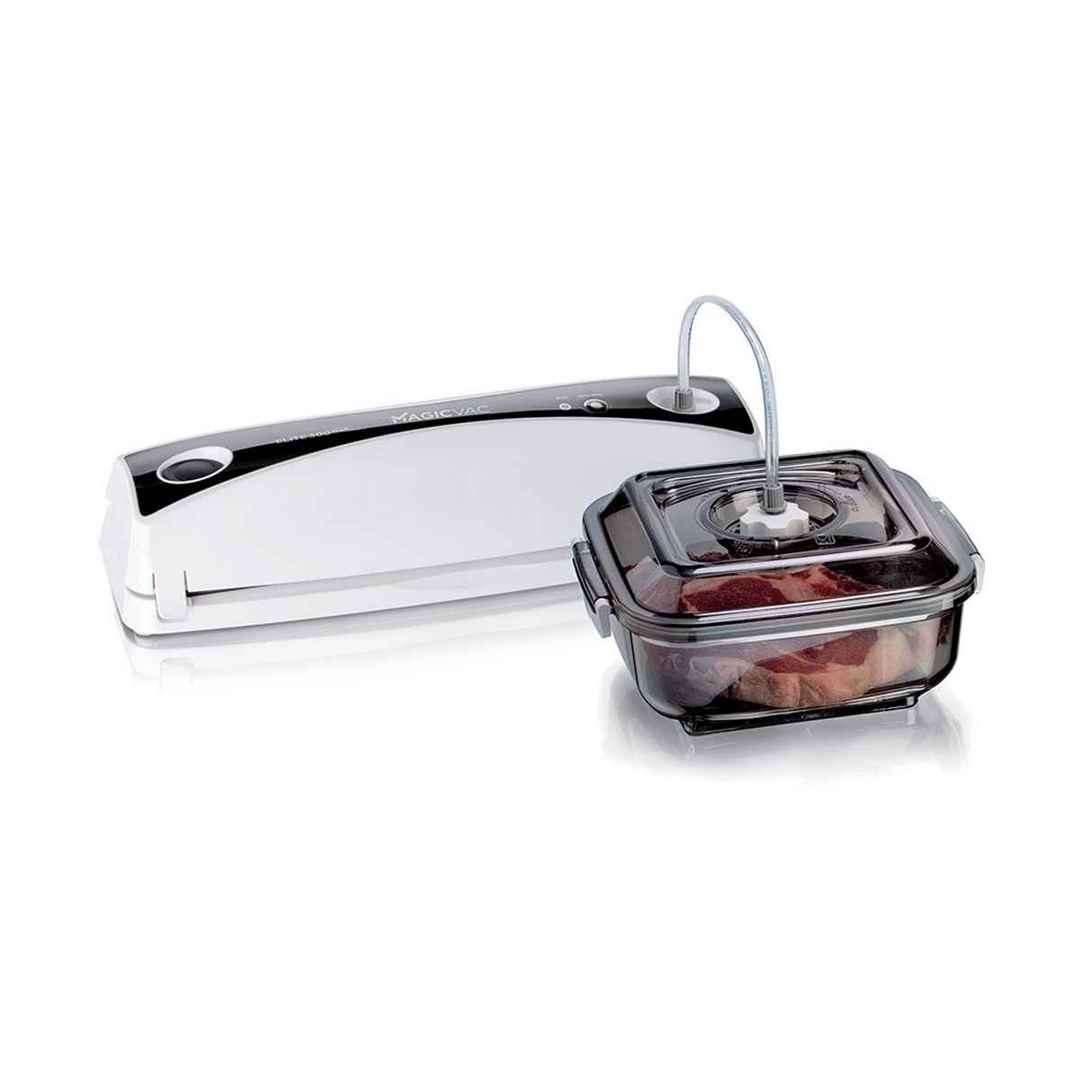 Zgrzewarka próżniowa z przezroczystym pojemnikiem na mięso. Białe i czarne urządzenie. Widok z boku.