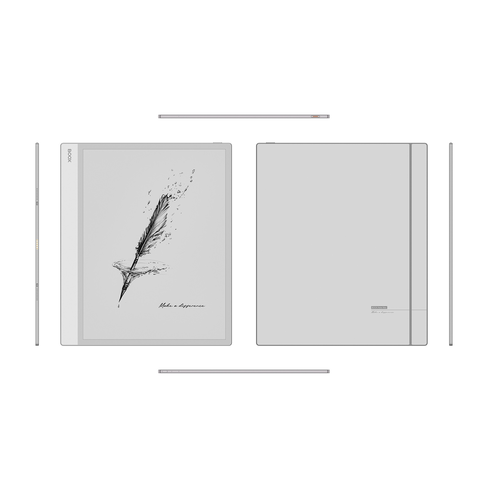 Biały czytnik e-booków z ilustracją pióra i słowami "Make a difference". Wiele widoków, białe tło.