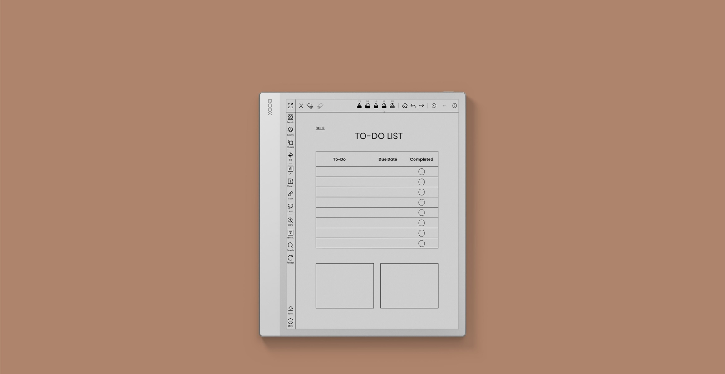 Cyfrowy notatnik z LISTĄ ZADAŃ, biały ekran, brązowe tło, z narzędziami do edycji.