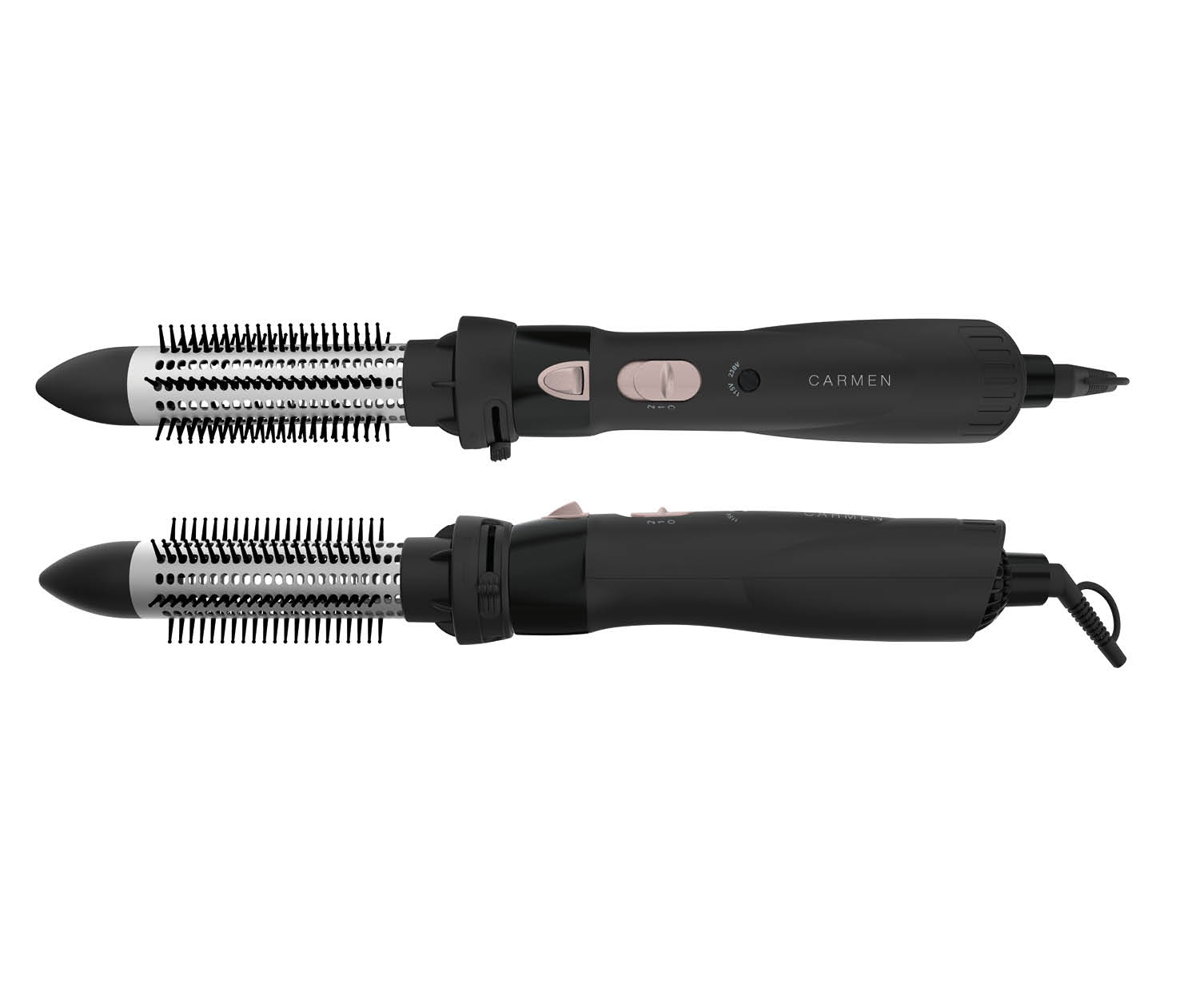 Due styler per capelli Carmen neri. Quello in alto ha un accessorio a spazzola. Isolato su bianco.