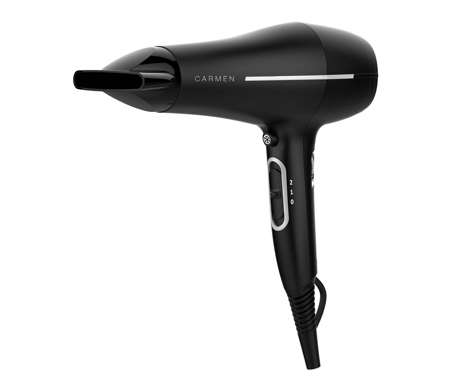 Black hair dryer with a CARMEN logo. The dryer has a nozzle. There are control buttons on it.