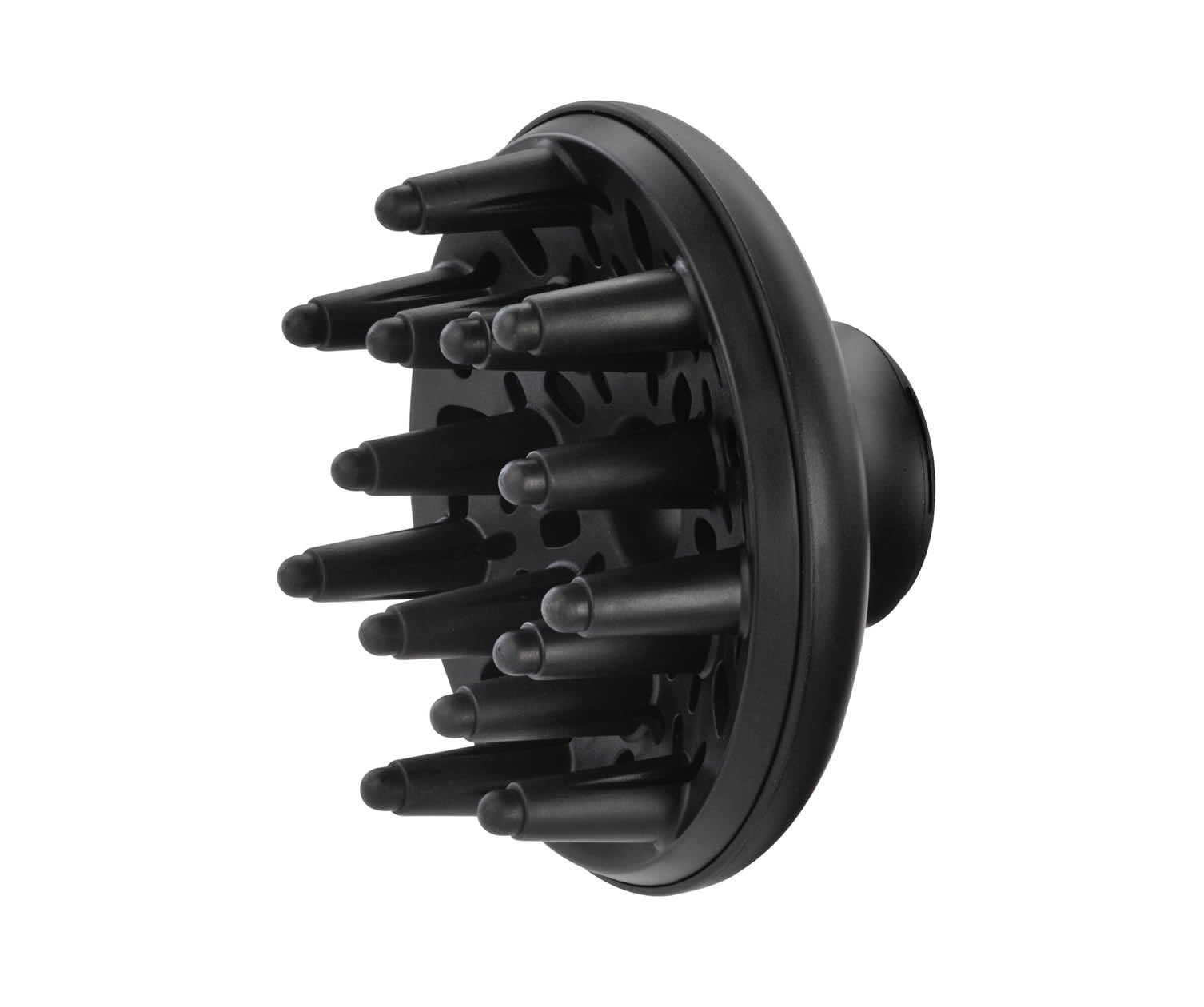Black hair dryer diffuser. Has many finger-like protrusions. Isolated on white background.