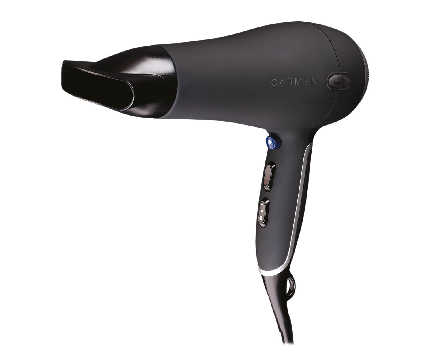 Black Carmen hairdryer. Black nozzle, gray handle with buttons. White background.