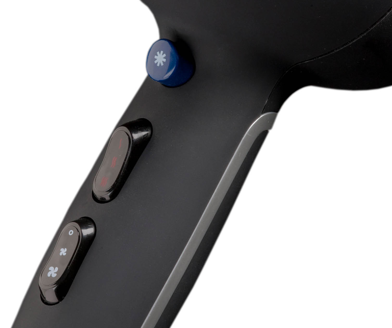 Close-up of a black hair dryer with buttons. A blue button with a snowflake symbol is visible.