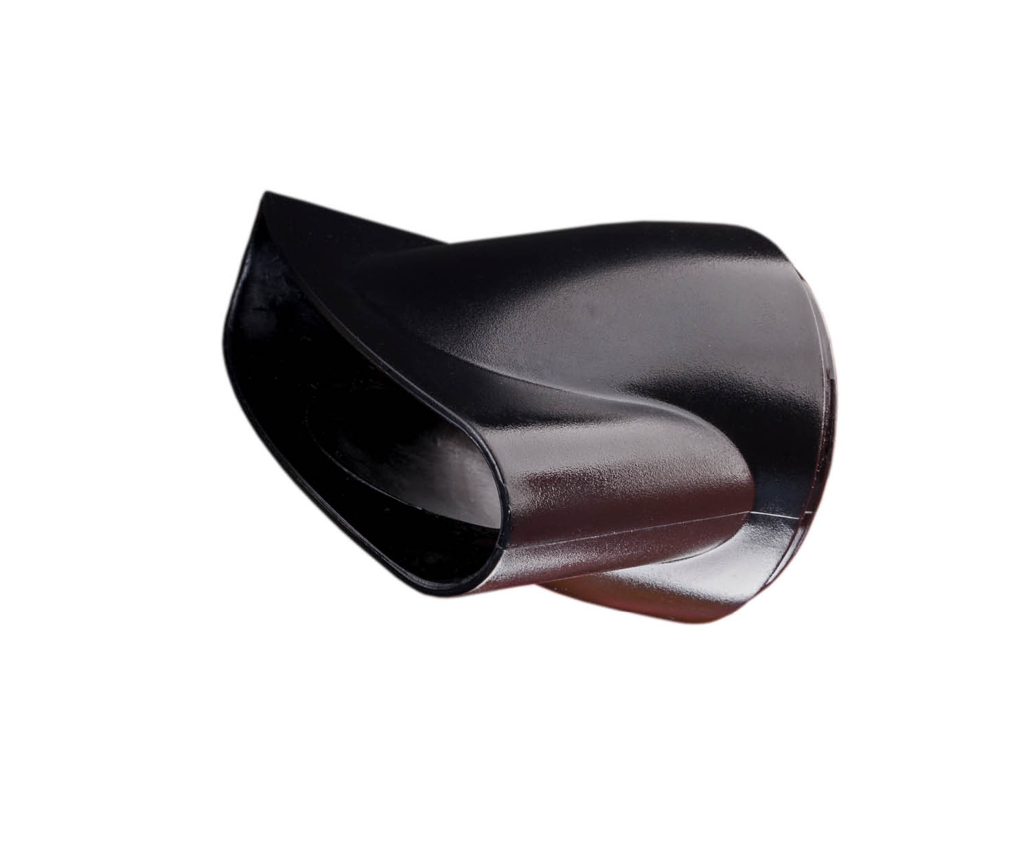 Black hair dryer nozzle, curved shape, isolated on a white background.