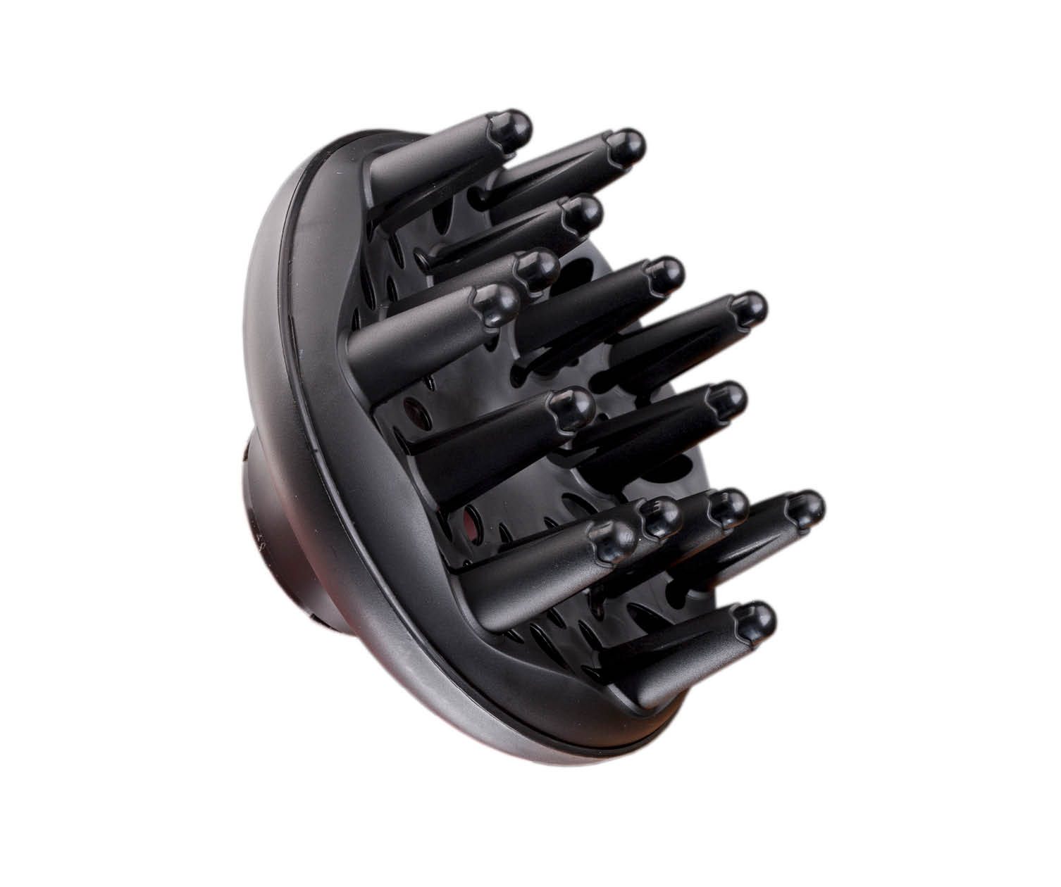 A black hair dryer diffuser attachment with multiple spiky nozzles, isolated against a white background.