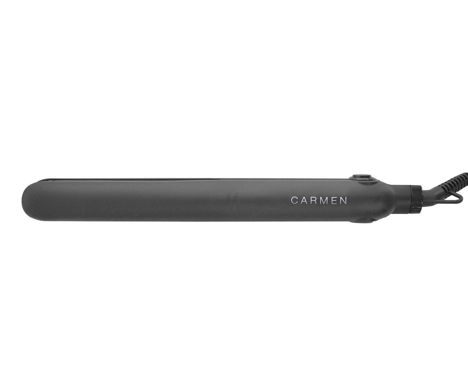 Piastra per capelli nera con logo CARMEN, isolata su sfondo bianco.