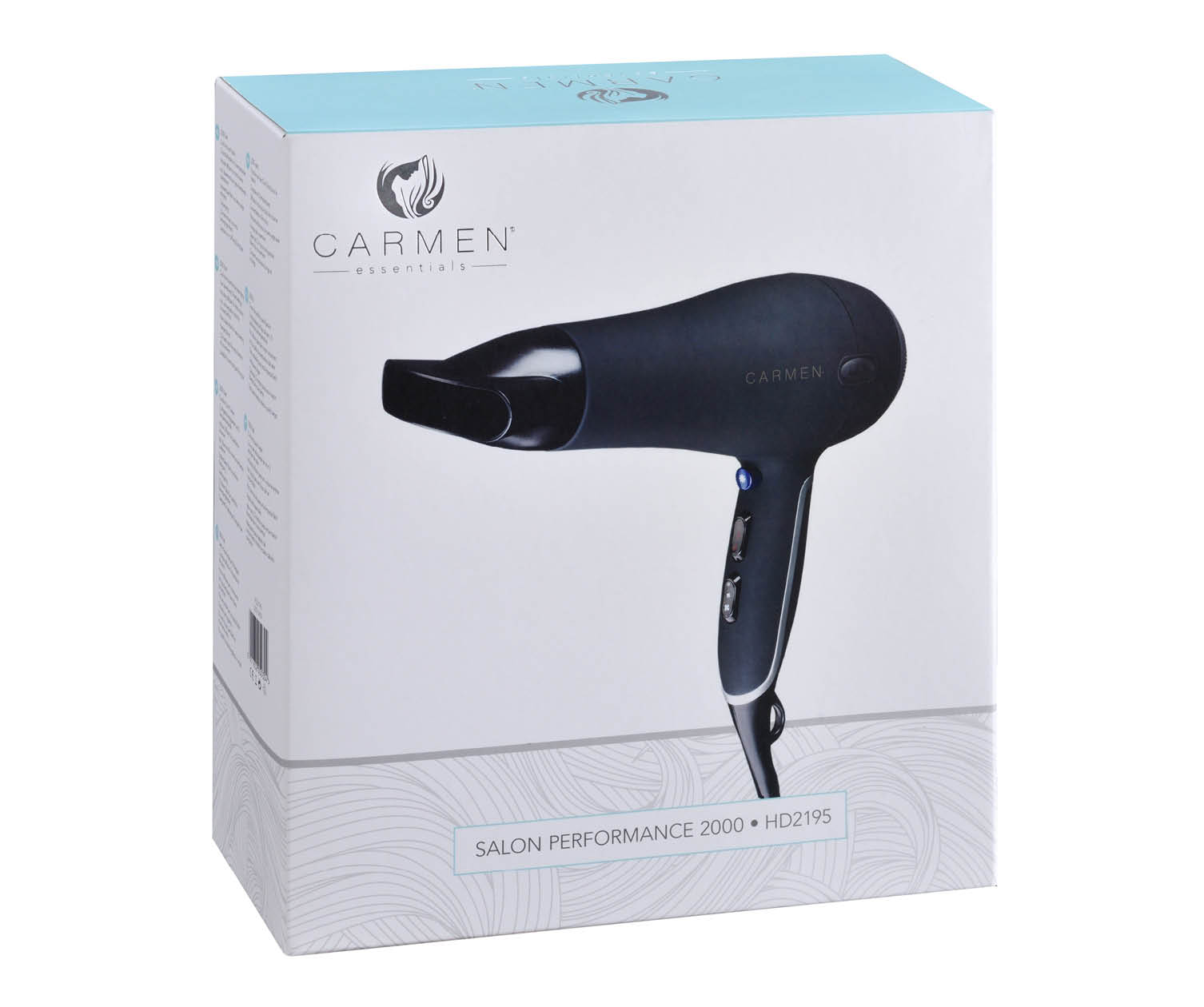 Black hair dryer in a box. The box has a picture of the dryer. The text reads 'Salon Performance 2000'.