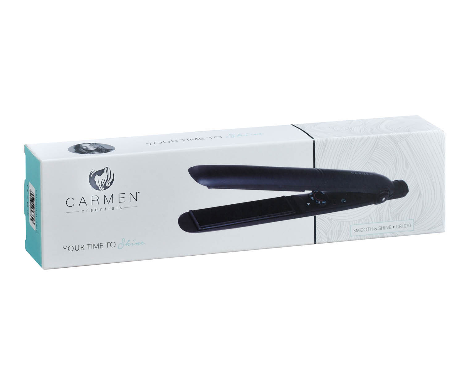 Piastra per capelli nera in scatola. Marchio: Carmen Essentials. Sfondo bianco.