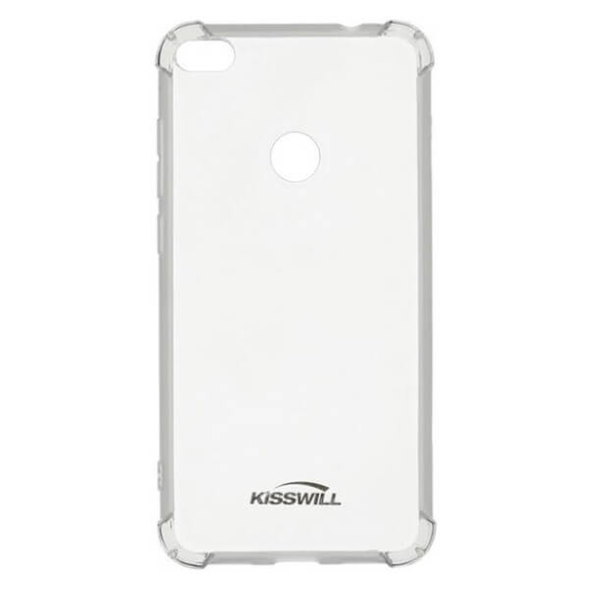 Custodia trasparente per telefono. Ha un foro per la fotocamera, un logo e un telaio trasparente.