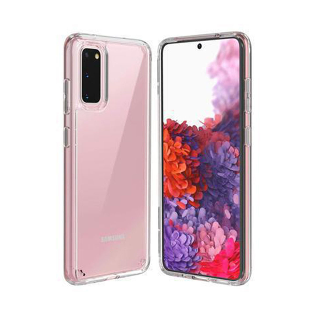 Due telefoni in custodie trasparenti rosa, uno mostra la parte anteriore, l'altro la parte posteriore. Sfondo bianco.
