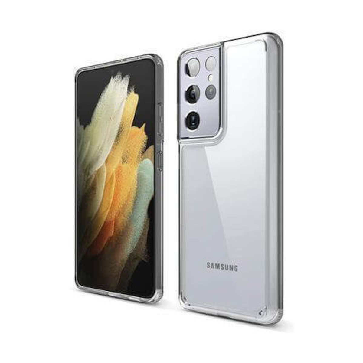Due telefoni, uno con custodia trasparente. Entrambi sono argentati e hanno più fotocamere.