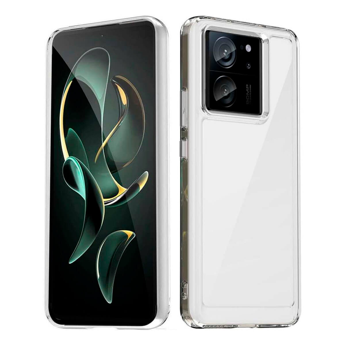 Due telefoni. Uno in custodia trasparente. Entrambi hanno fotocamere e sono su sfondo bianco.