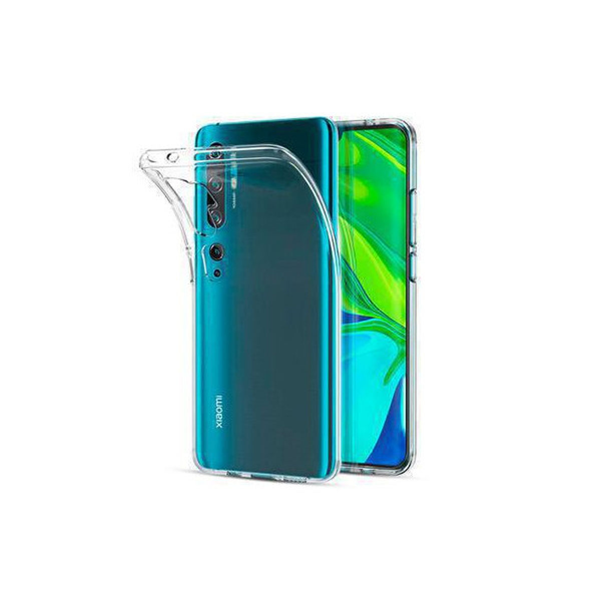 Un telefono con una custodia trasparente che lo copre. Il telefono è verde acqua e la custodia è aperta.