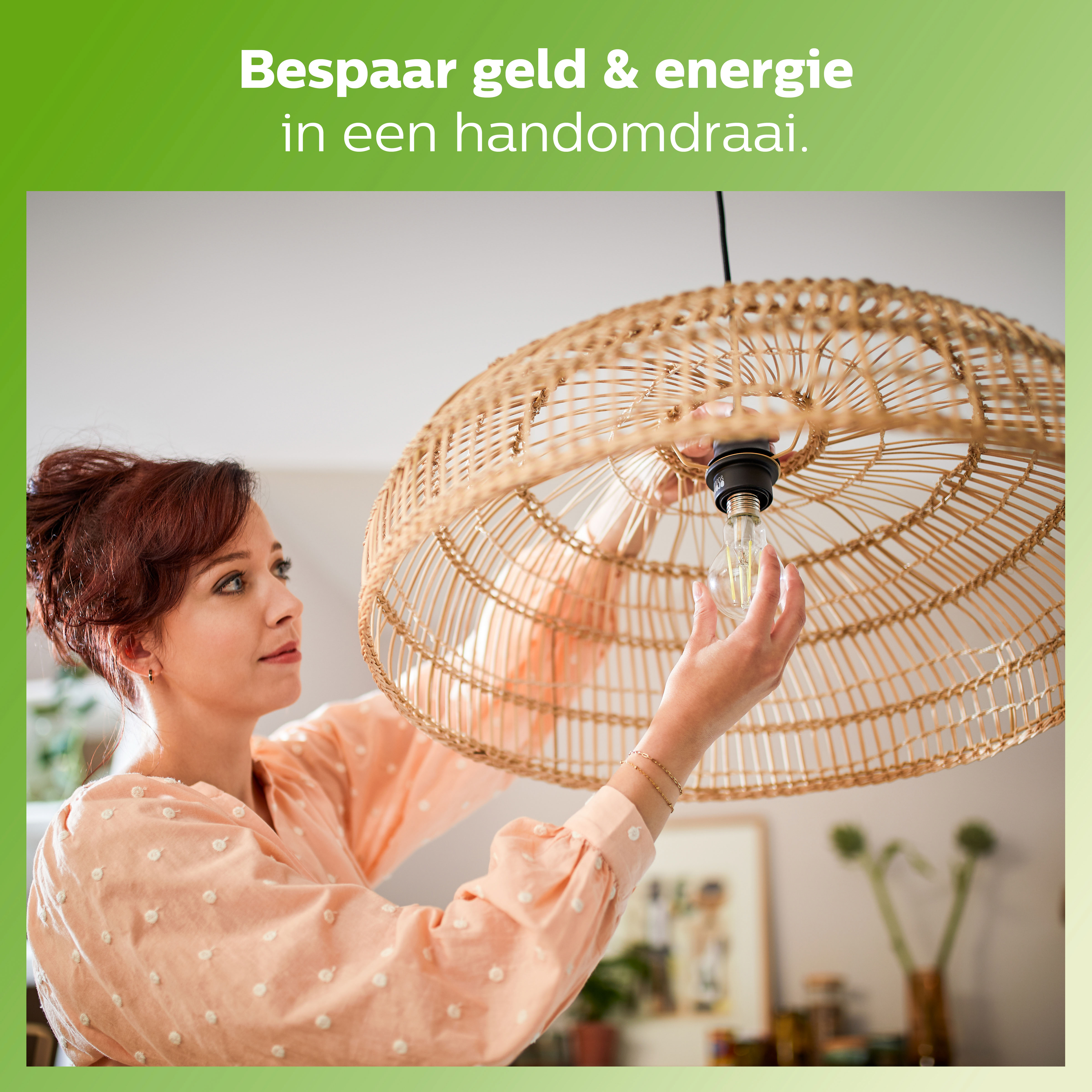 Donna che sostituisce una lampadina in un paralume di vimini. Testo: Risparmia denaro ed energia.