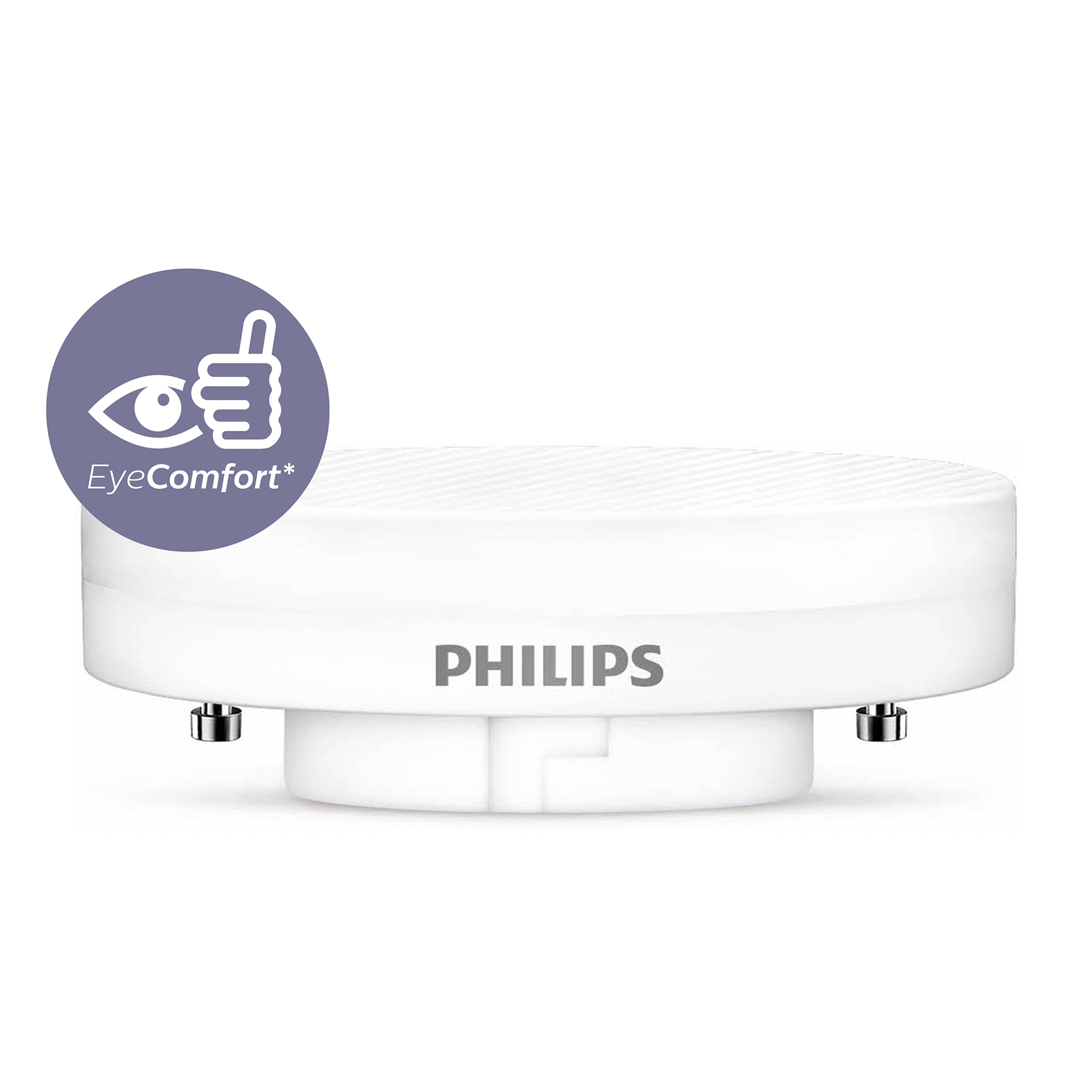 Witte Philips LED-lamp met een cirkelvormig ontwerp en EyeComfort-logo. De basis heeft bevestigingsschroeven.
