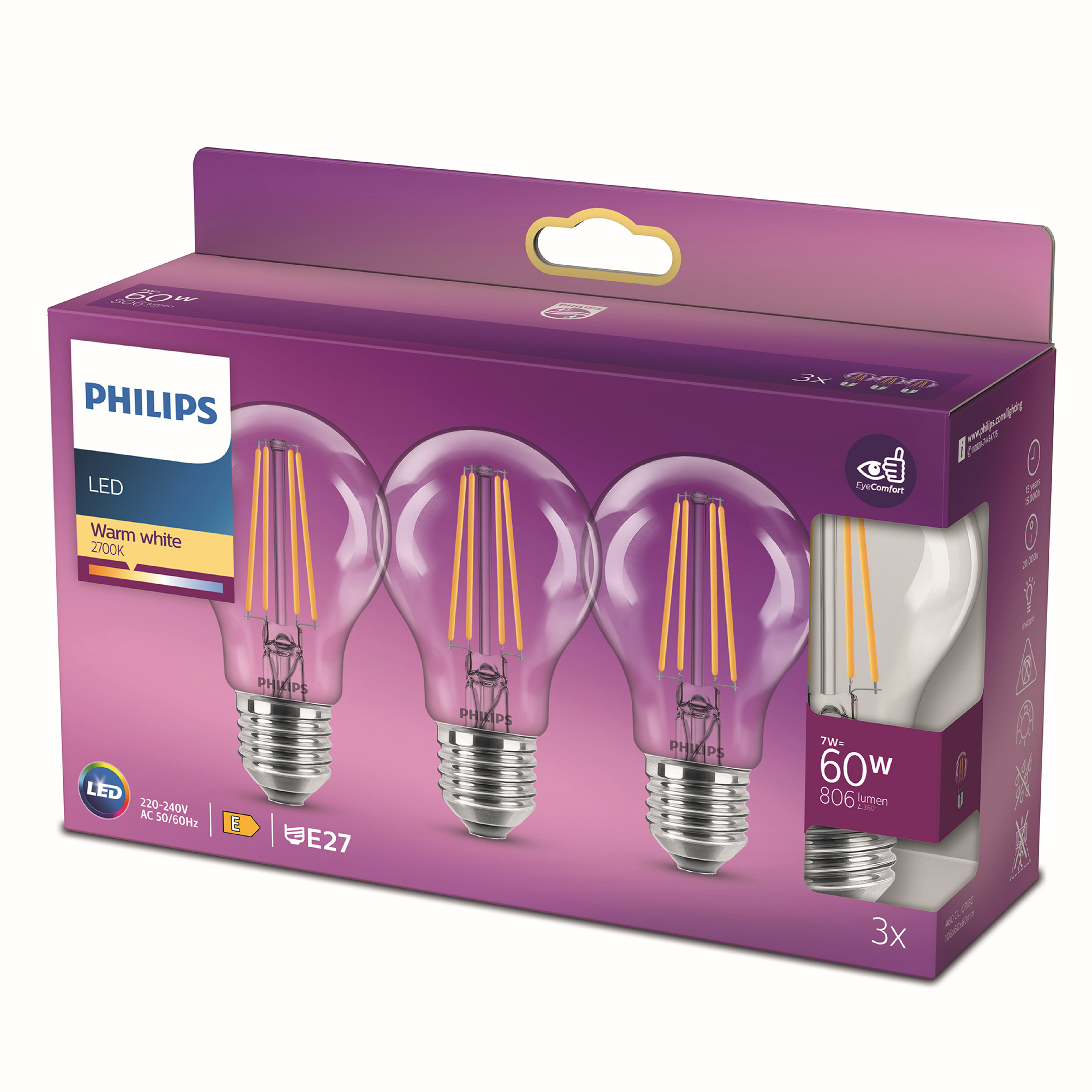 Una scatola di lampadine a LED Philips. Sono visibili tre lampadine.