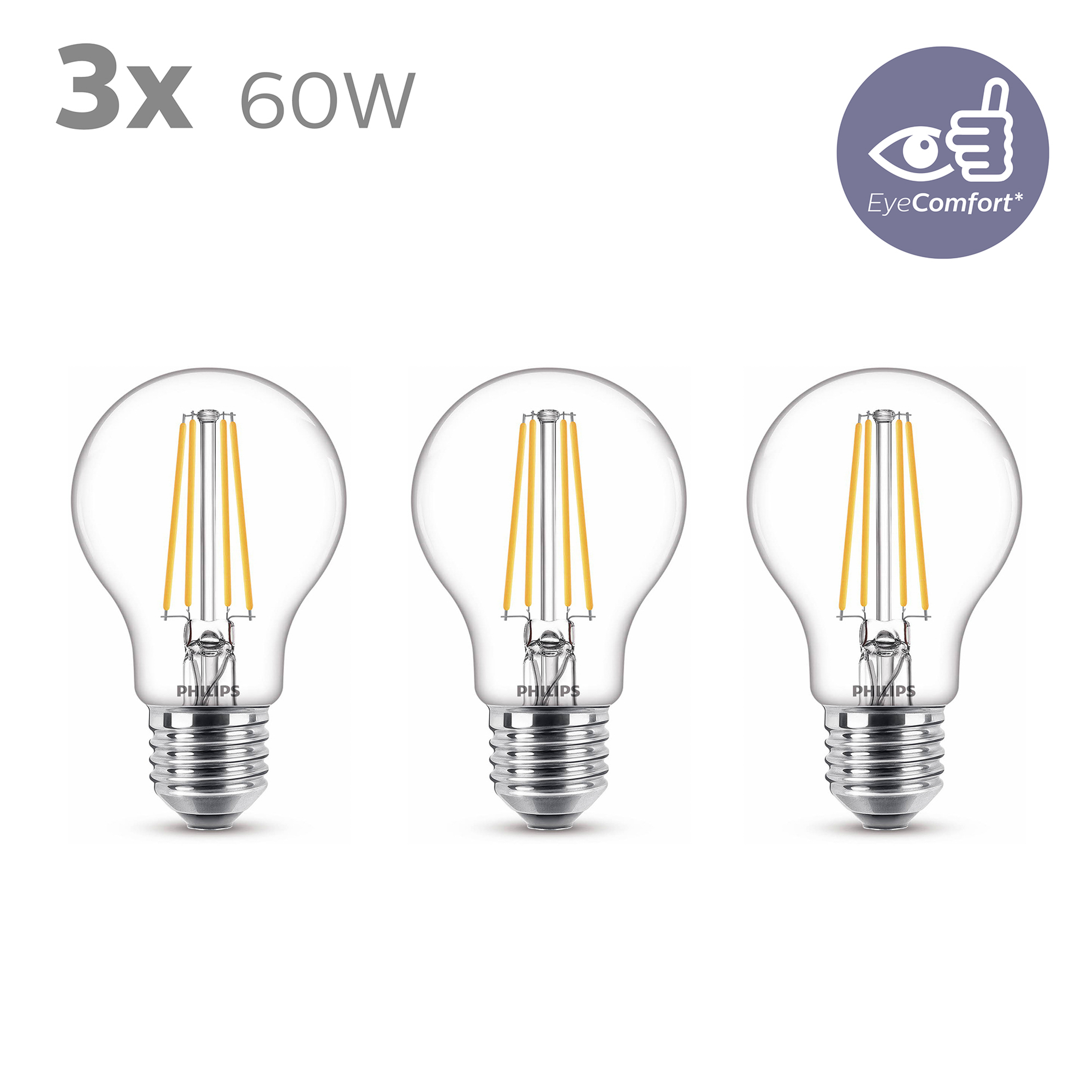 Tre lampadine LED Philips con filamenti gialli, su sfondo bianco.