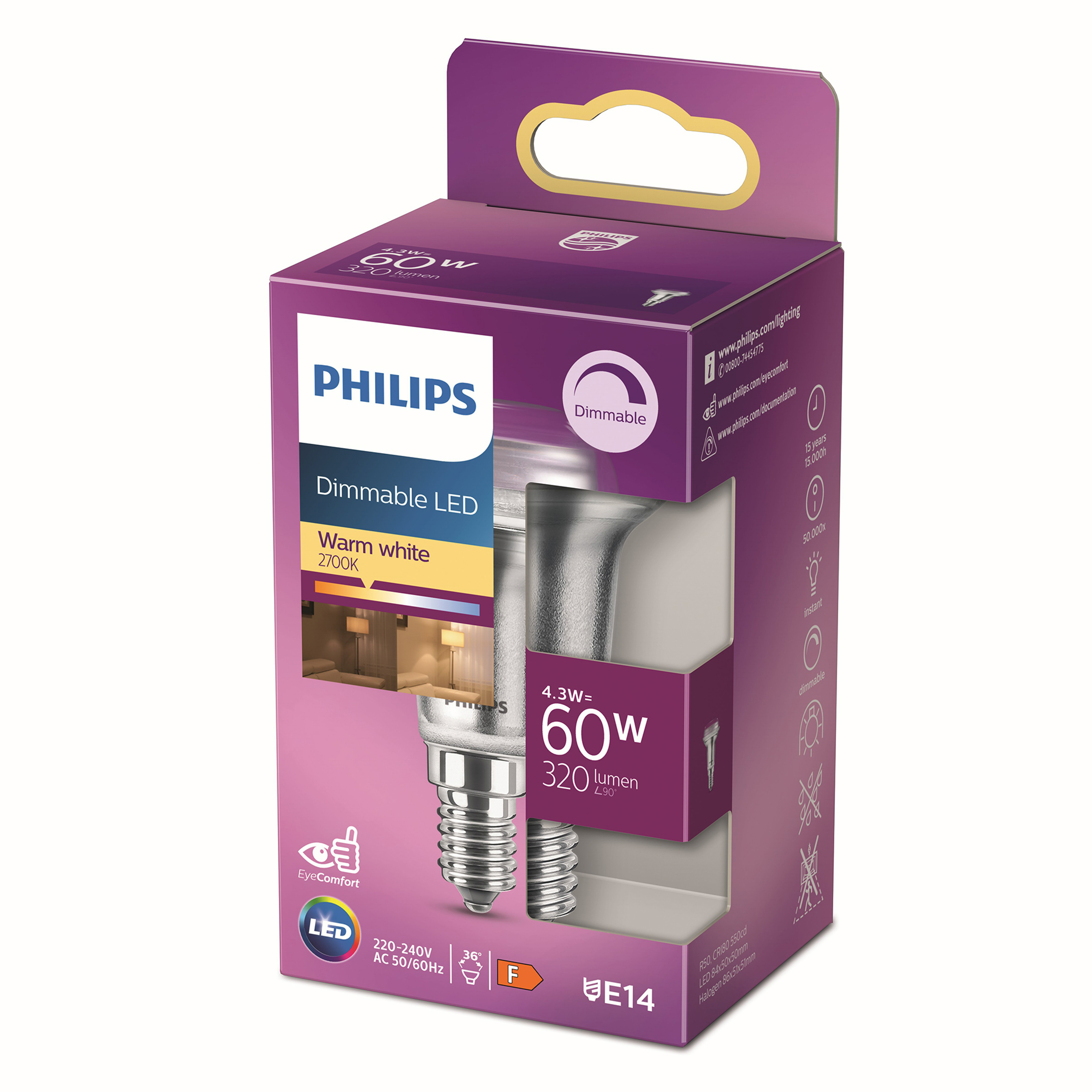 Philips 60W dimmbare LED-Glühbirne in ihrer lila-weißen Verpackung. Die Verpackung zeigt die Glühbirne selbst.
