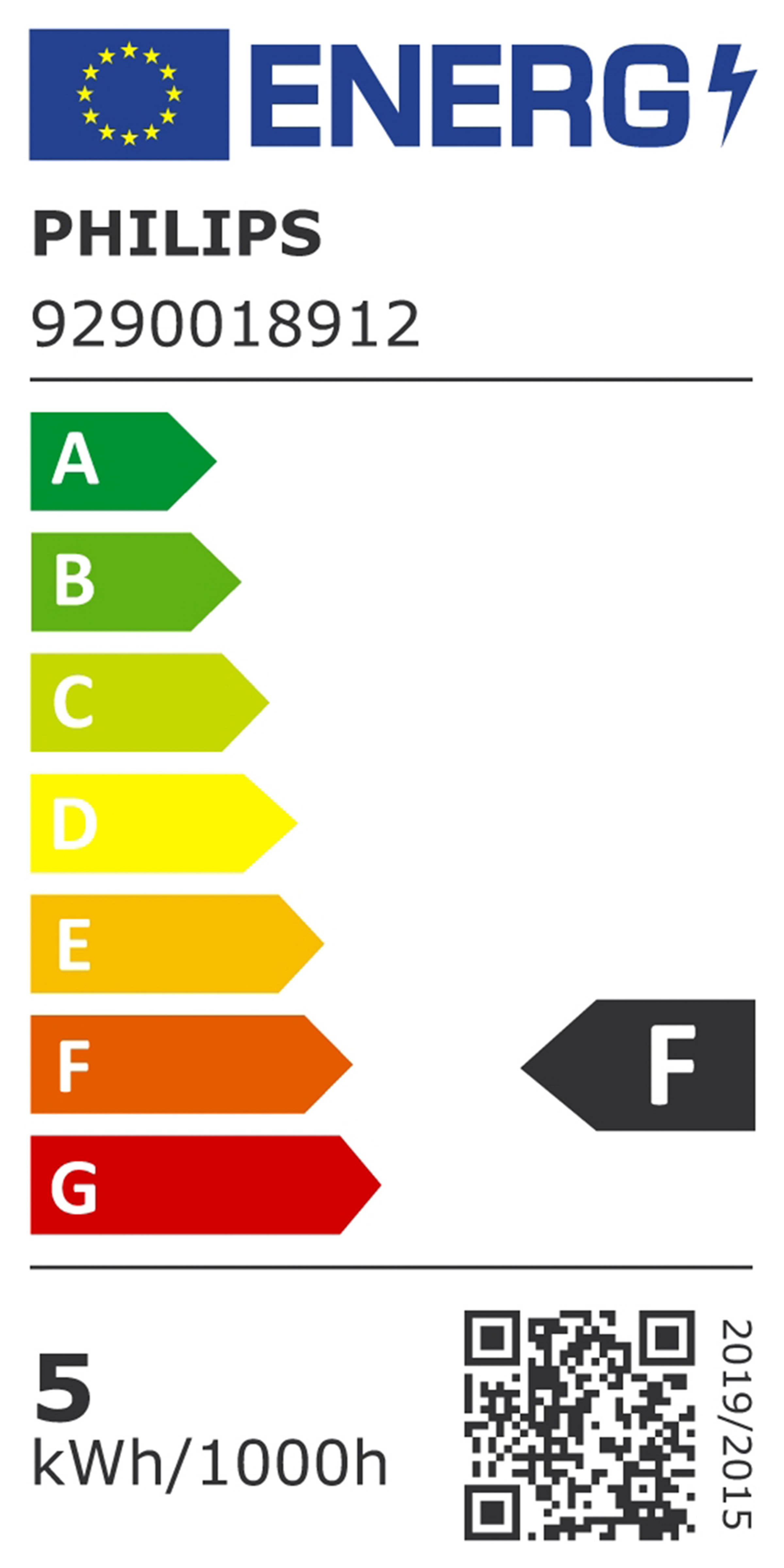 Energielabel, zeigt eine Skala von A bis G, wobei der Buchstabe F hervorgehoben ist.