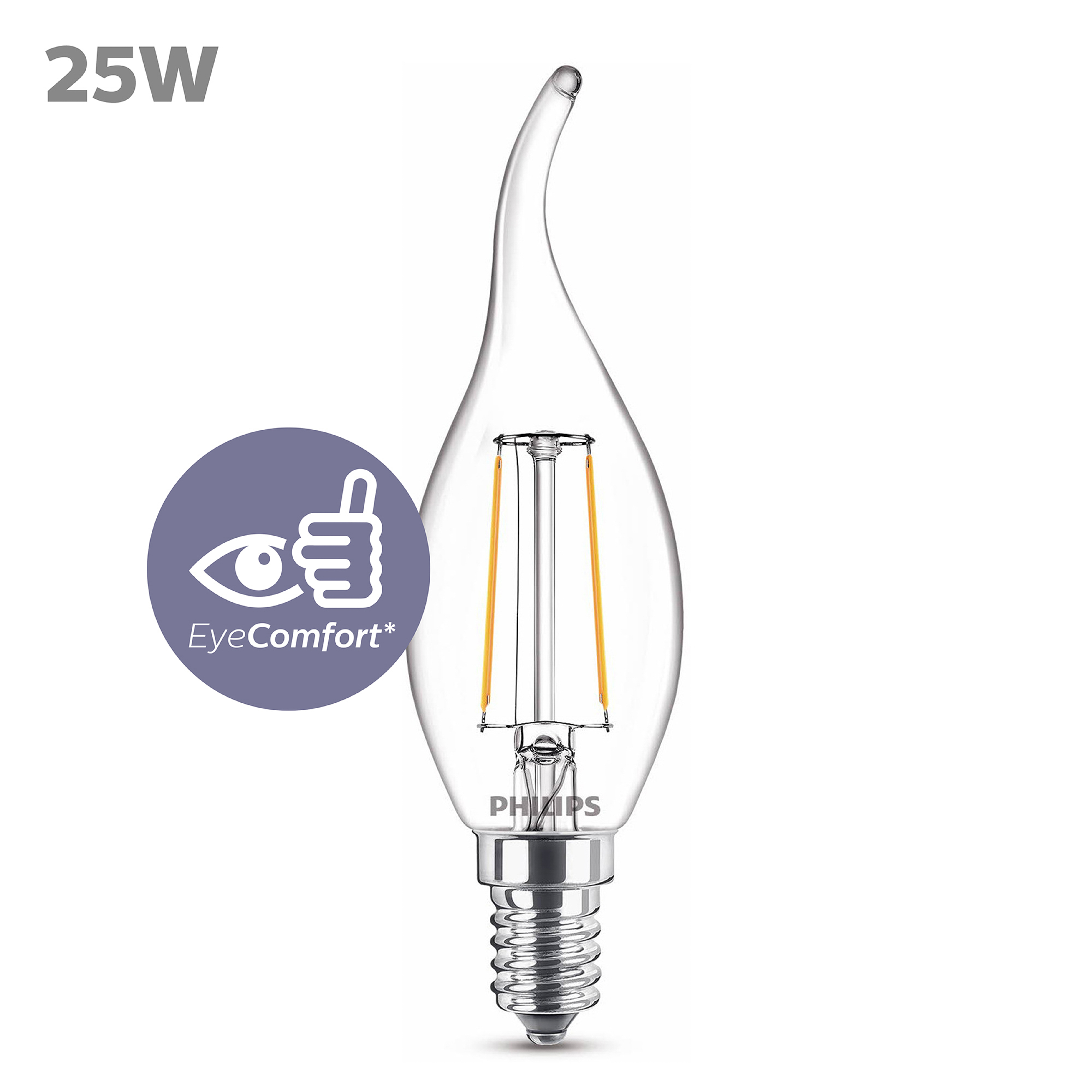 Une ampoule LED en verre transparent avec une pointe incurvée, une base argentée et une icône de confort oculaire.