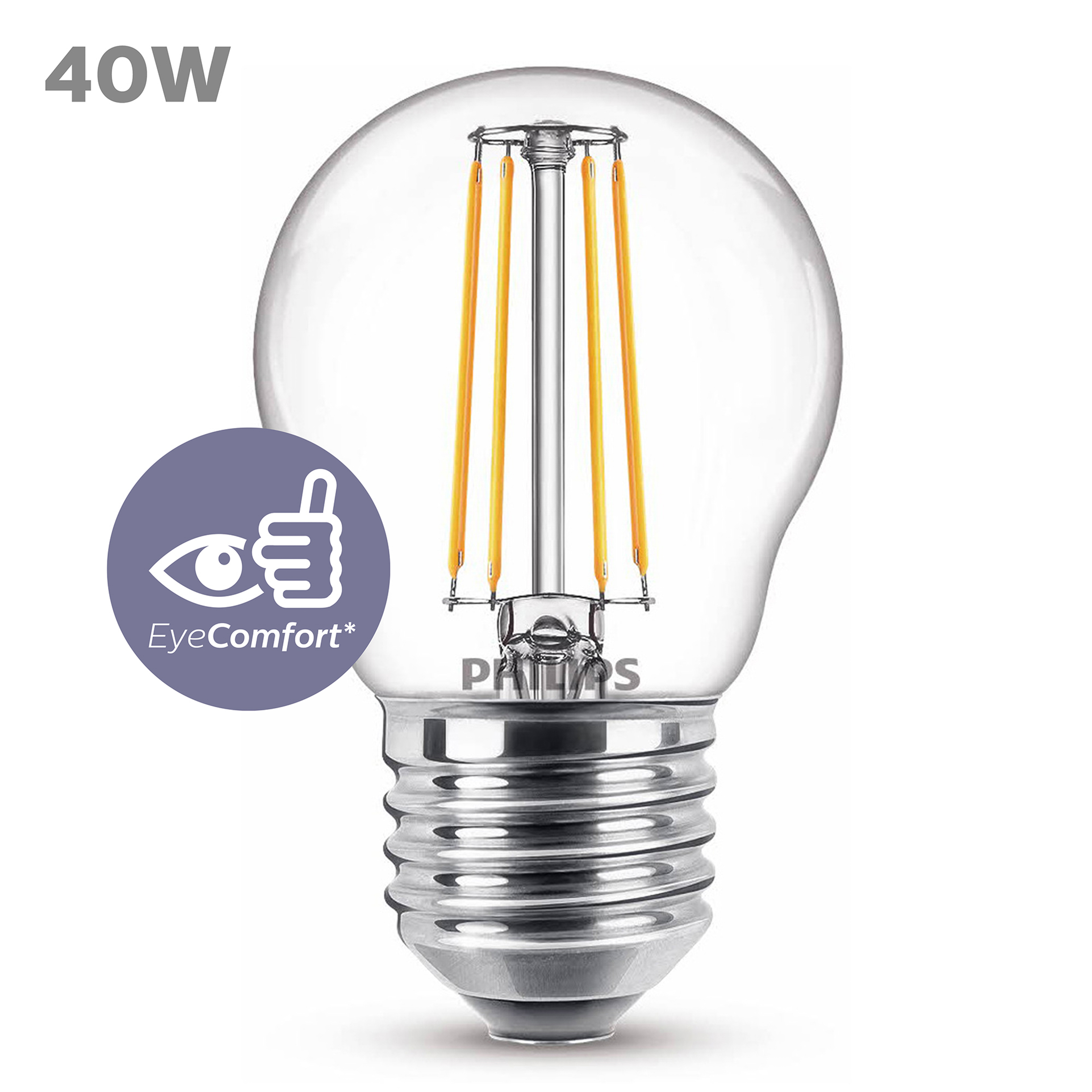 Eine klare Glühbirne mit orangen Filamenten, silbernem Sockel und EyeComfort-Logo.